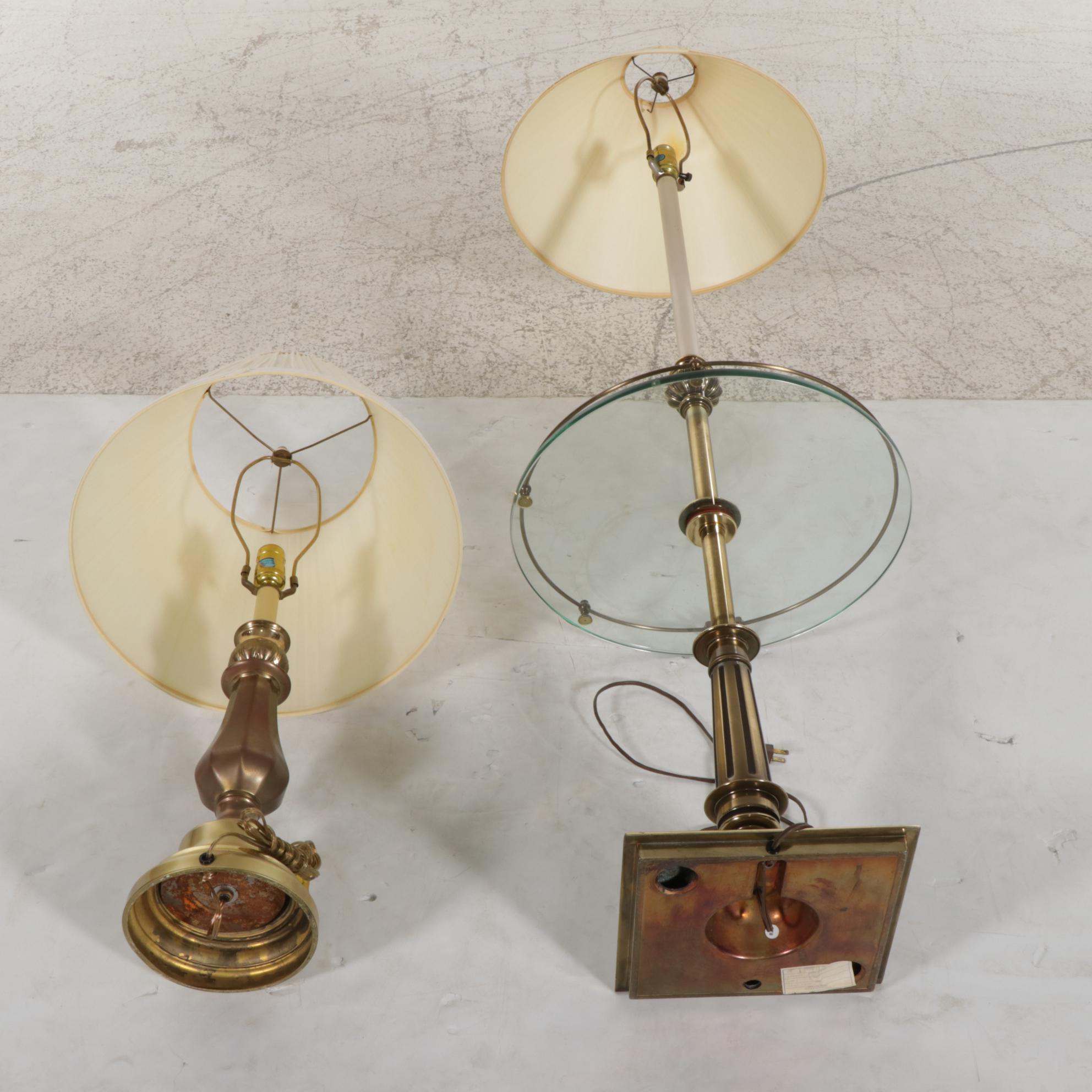 Stiffel Cast Brass and Glass Table Floor Lamp with Baluster Table Lamp, 1970s