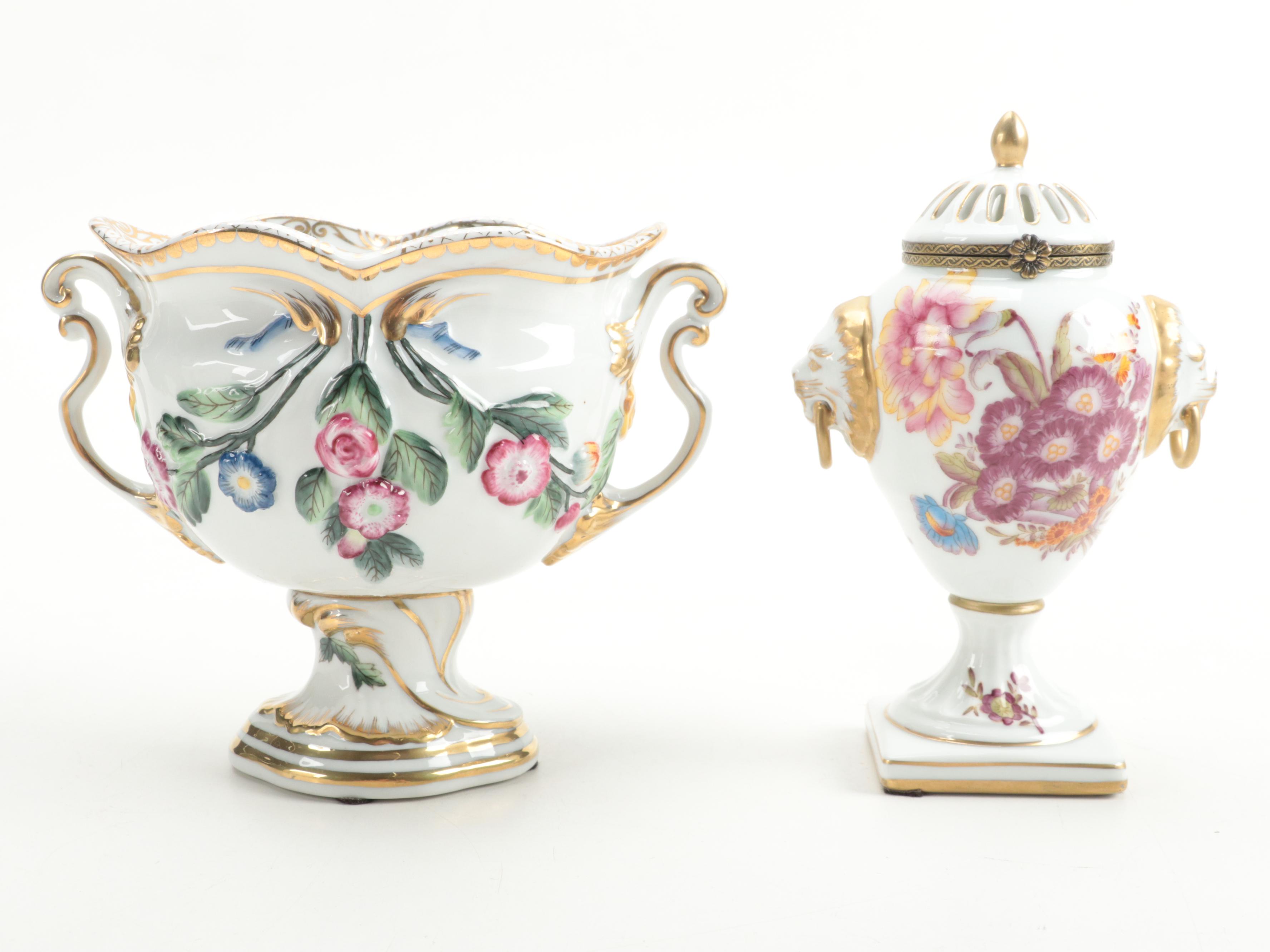 Chelsea House English Style Porcelain Bowl with French Rococo Style Urns
