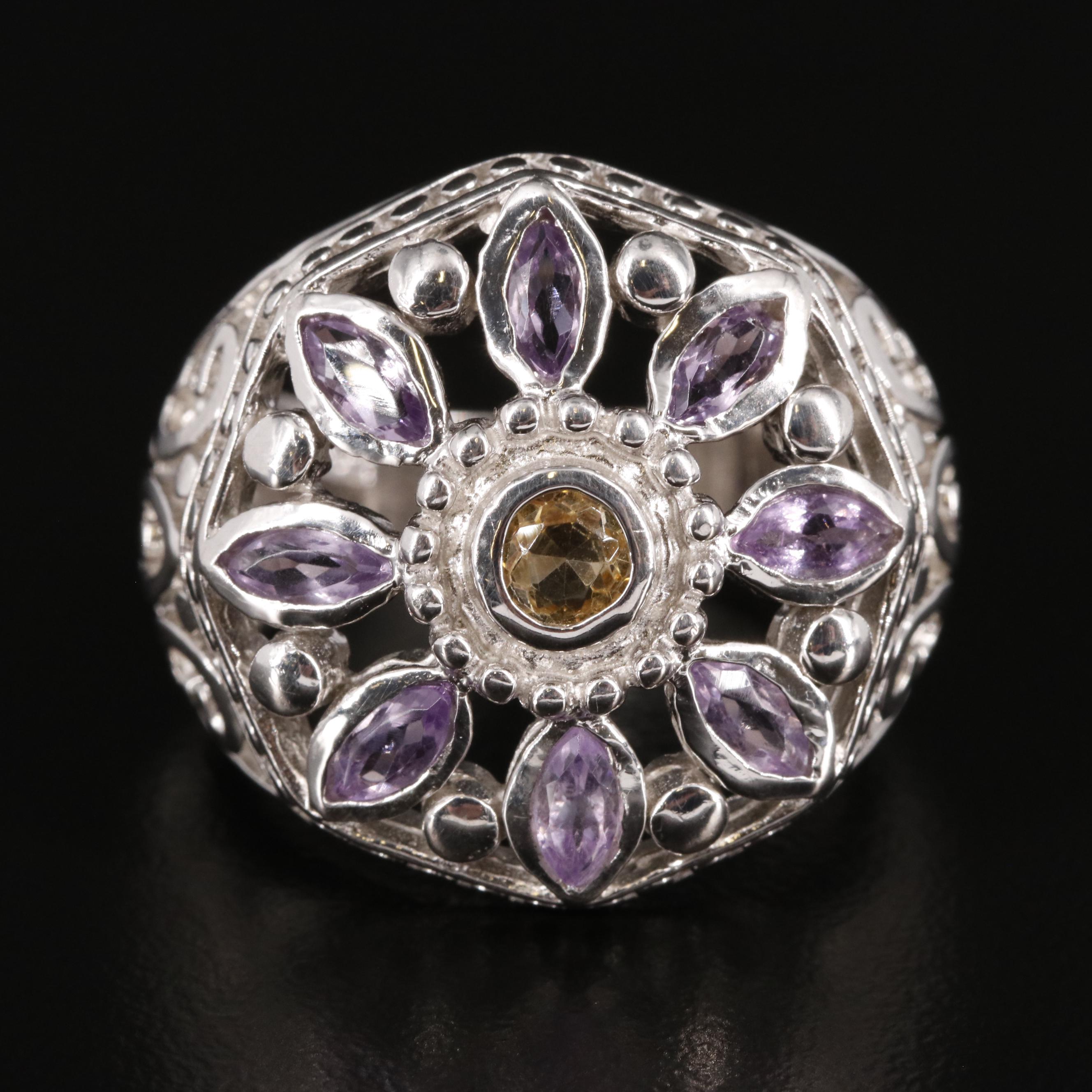 Sterling Citrine and Amethyst Flower Ring