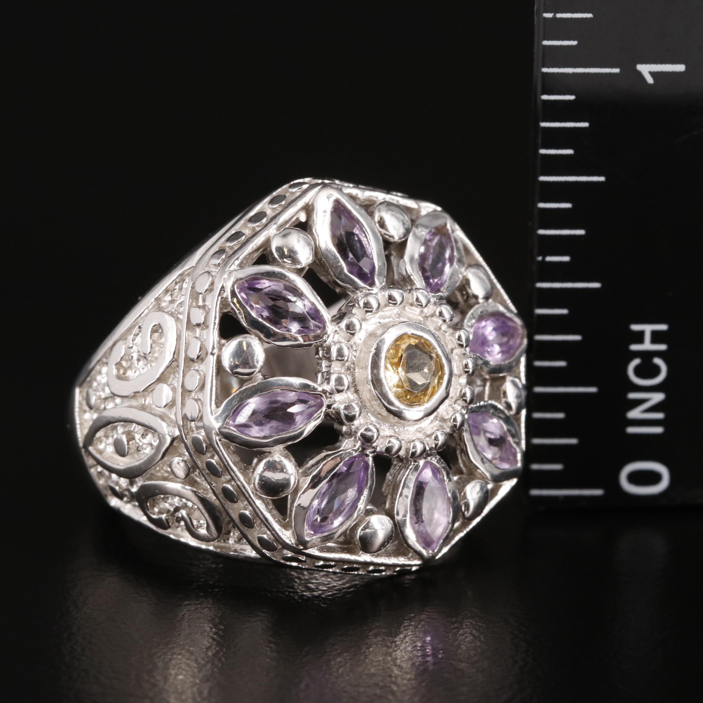 Sterling Citrine and Amethyst Flower Ring