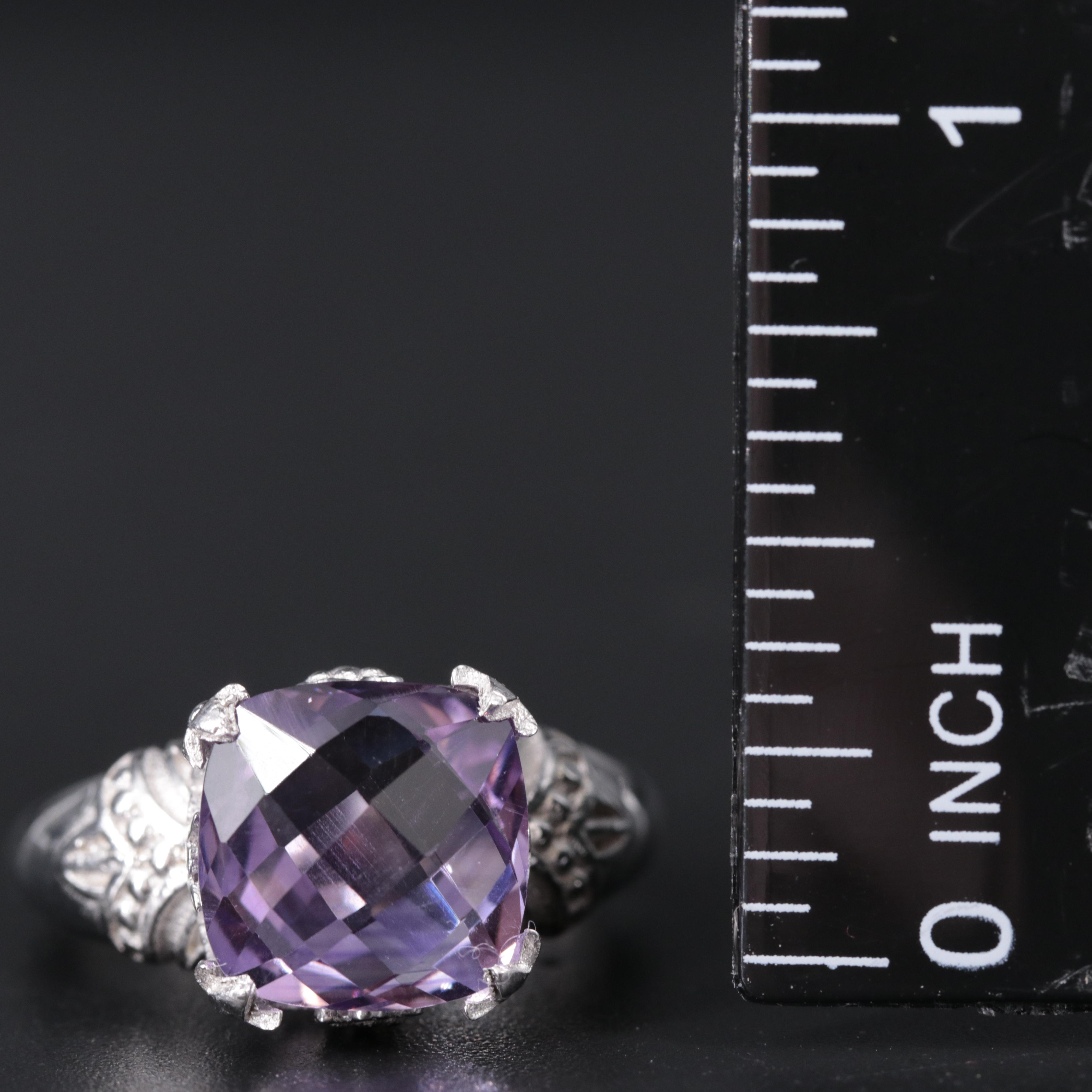 Sterling Silver Amethyst Ring with Flourished Accents