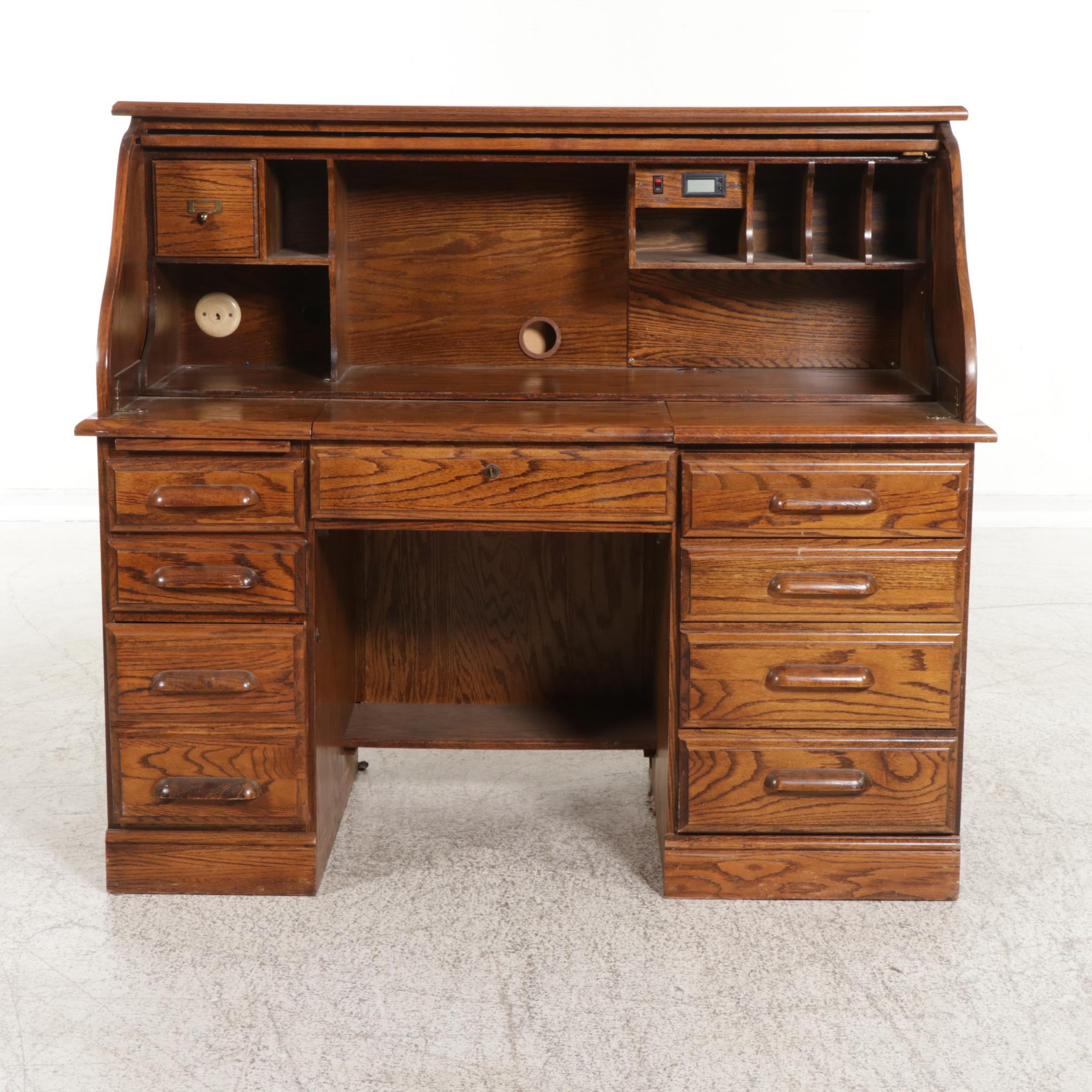 Oak Roll Top Computer Desk, Late 20th Century