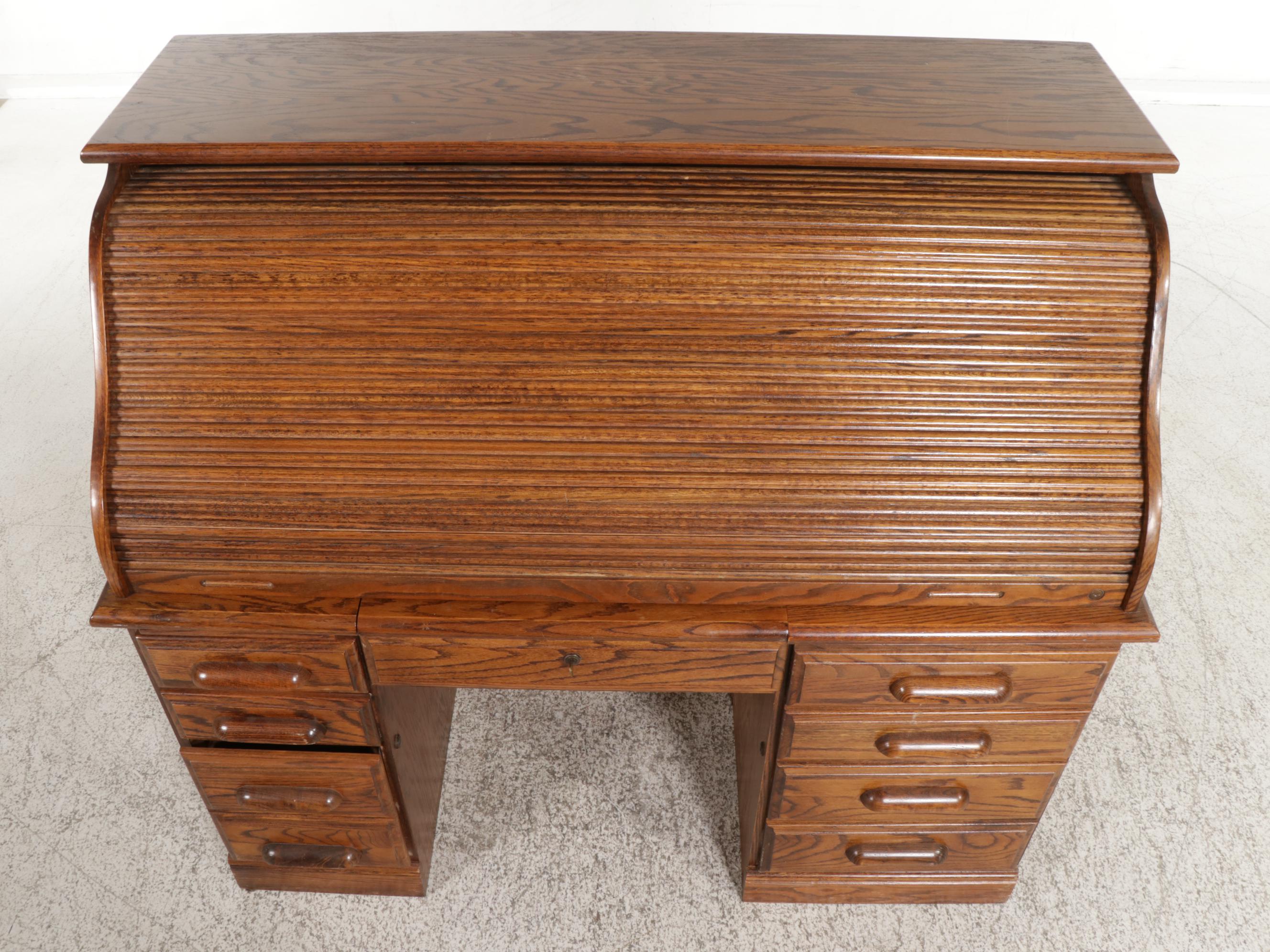 Oak Roll Top Computer Desk, Late 20th Century