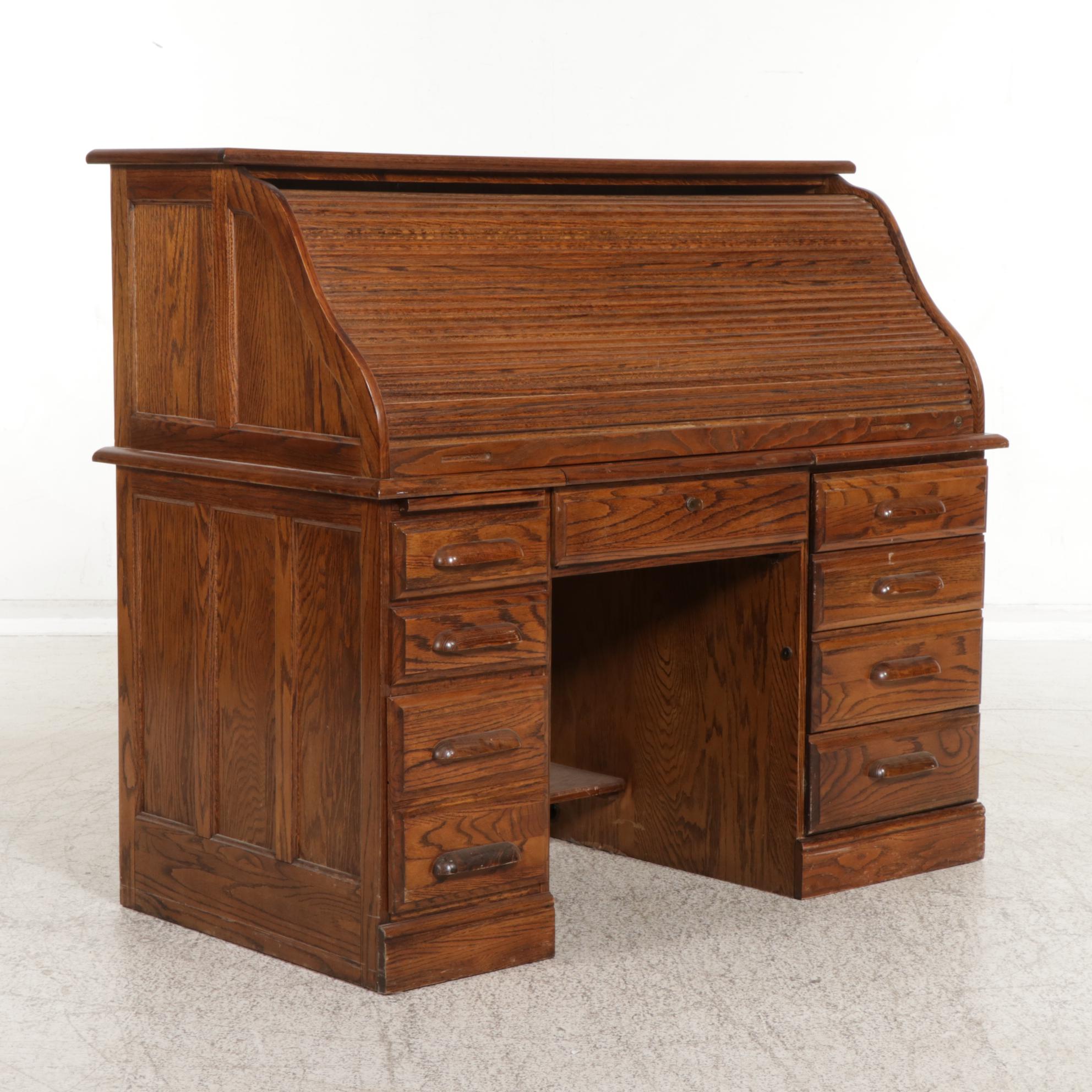 Oak Roll Top Computer Desk, Late 20th Century