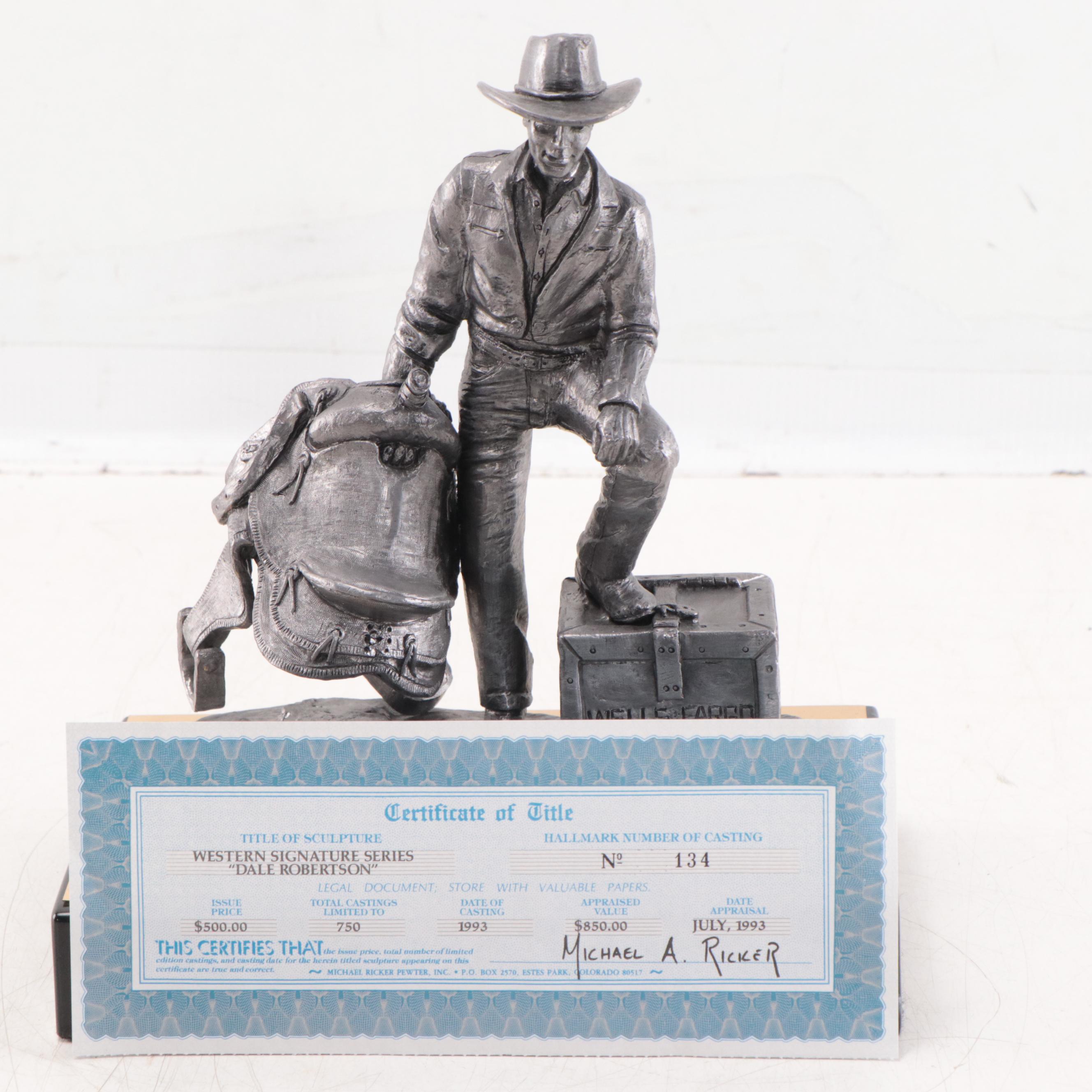 Dale Robertson Signed Pewter Sculpture by Michael Ricker, 1993