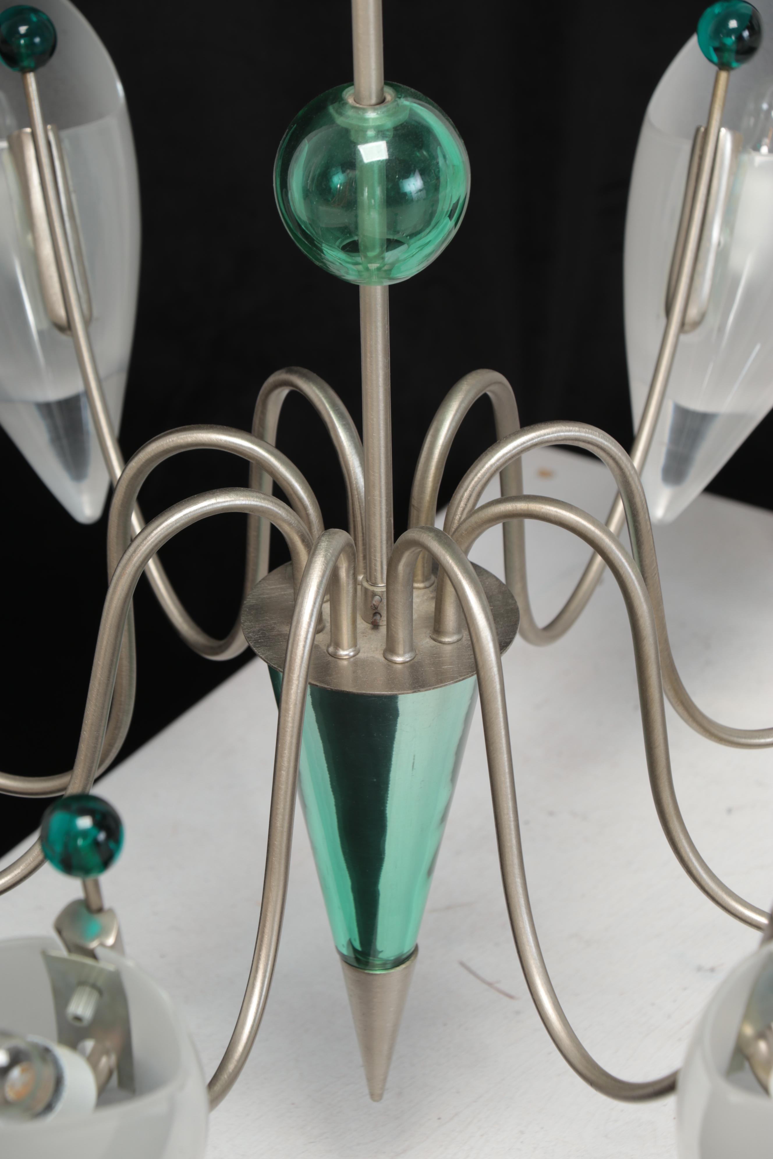 Italian Style Frosted Glass Cone and Green Glass Accents Chandelier, Late 20th C