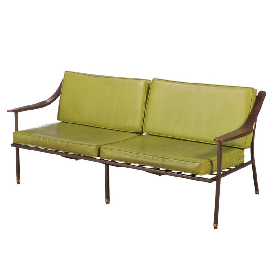 Mid Century Modern Powder-Coated Steel, Hardwood, and Green Vinyl Settee