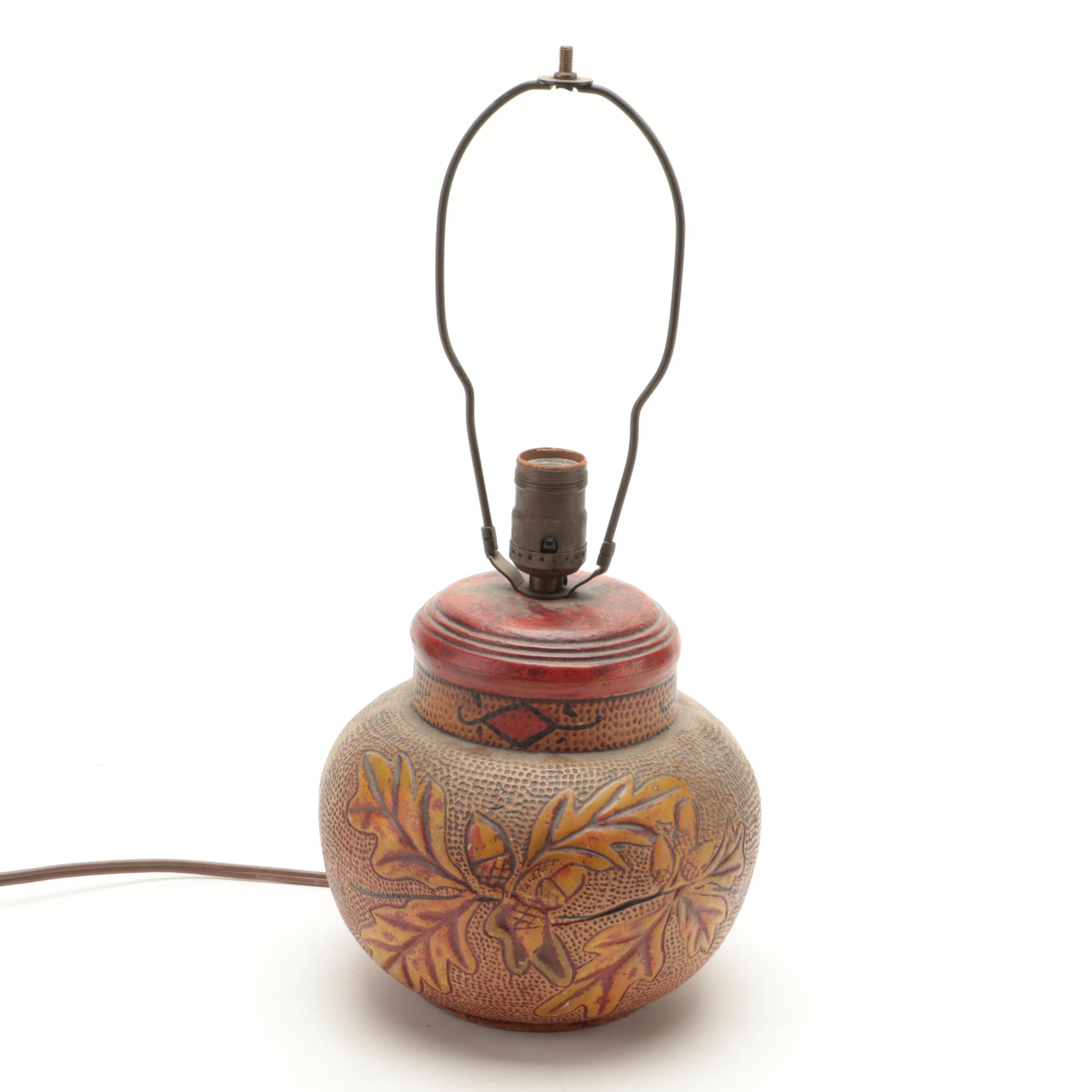 Folk Art Acorn and Oak Leaves Art Pottery Lamp, Wicker Shade, Early/ Mid-20th C