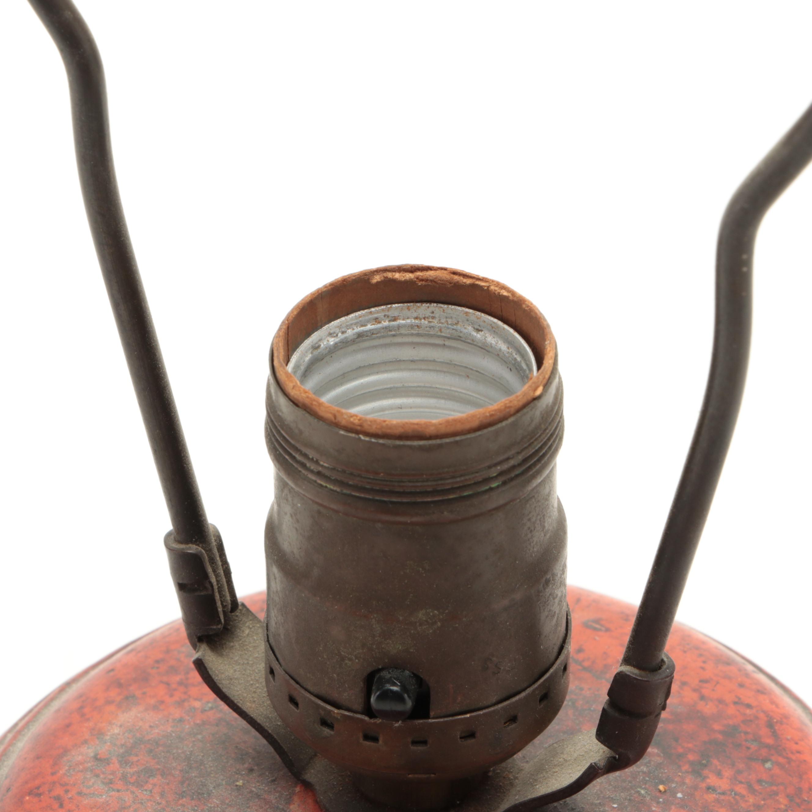 Folk Art Acorn and Oak Leaves Art Pottery Lamp, Wicker Shade, Early/ Mid-20th C