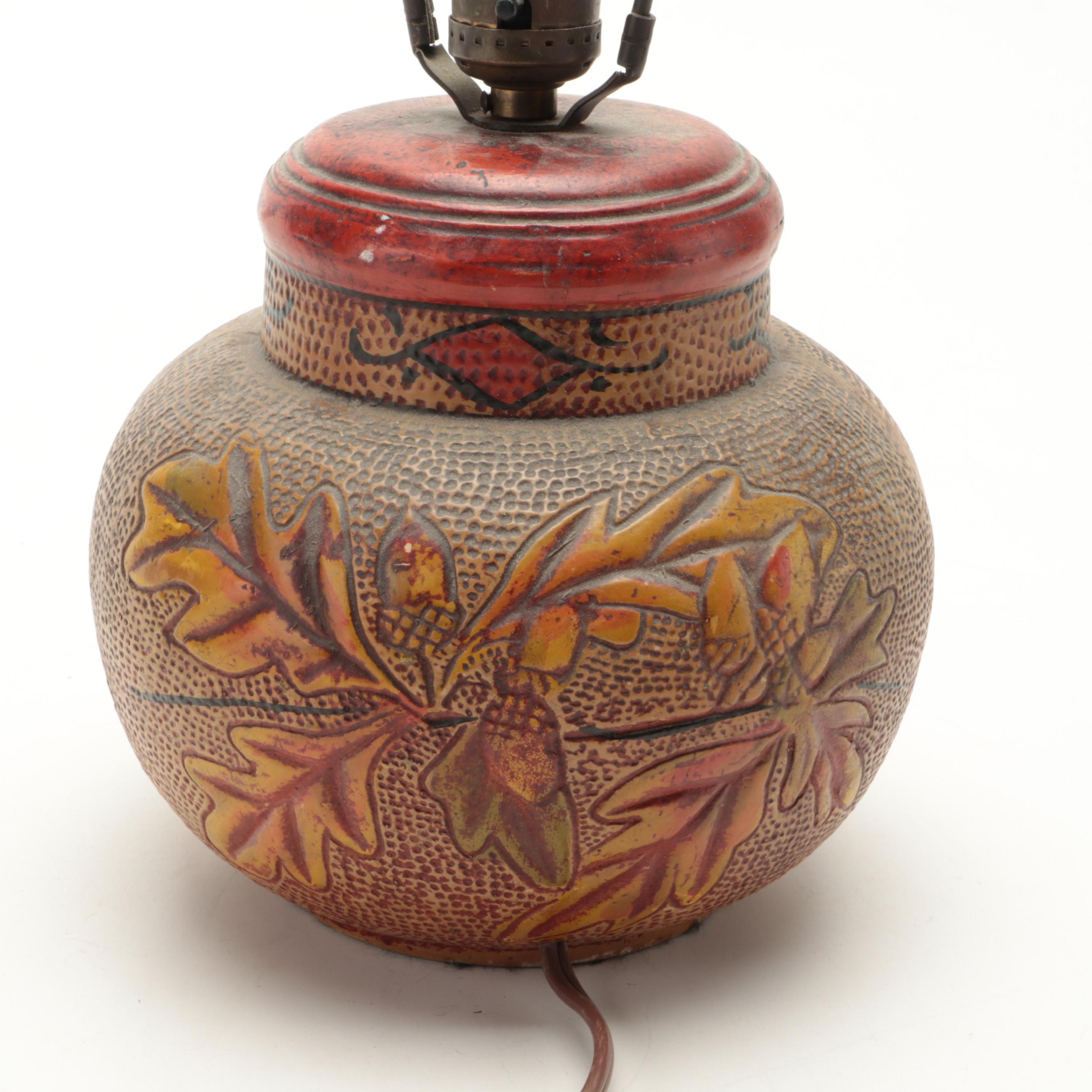 Folk Art Acorn and Oak Leaves Art Pottery Lamp, Wicker Shade, Early/ Mid-20th C