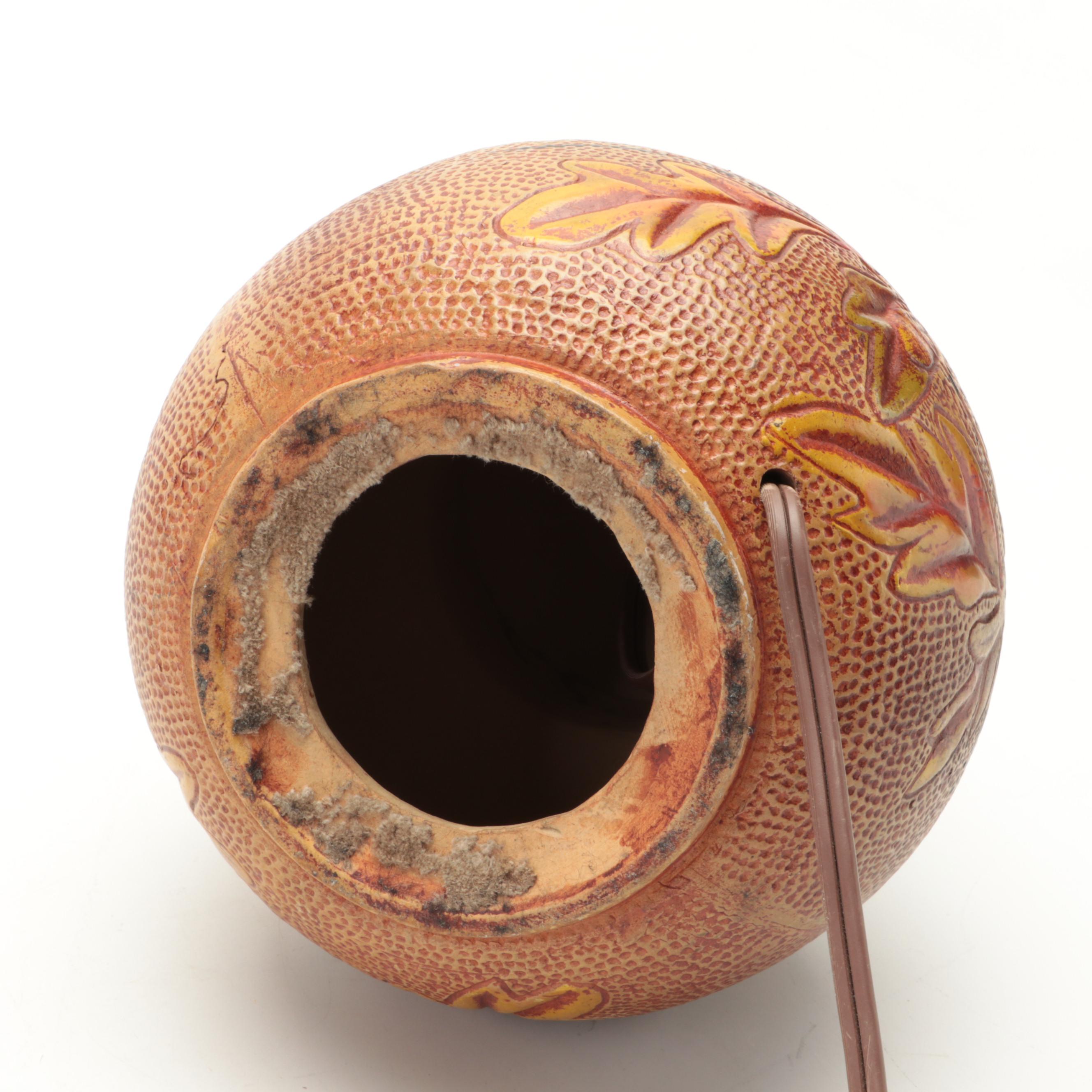 Folk Art Acorn and Oak Leaves Art Pottery Lamp, Wicker Shade, Early/ Mid-20th C