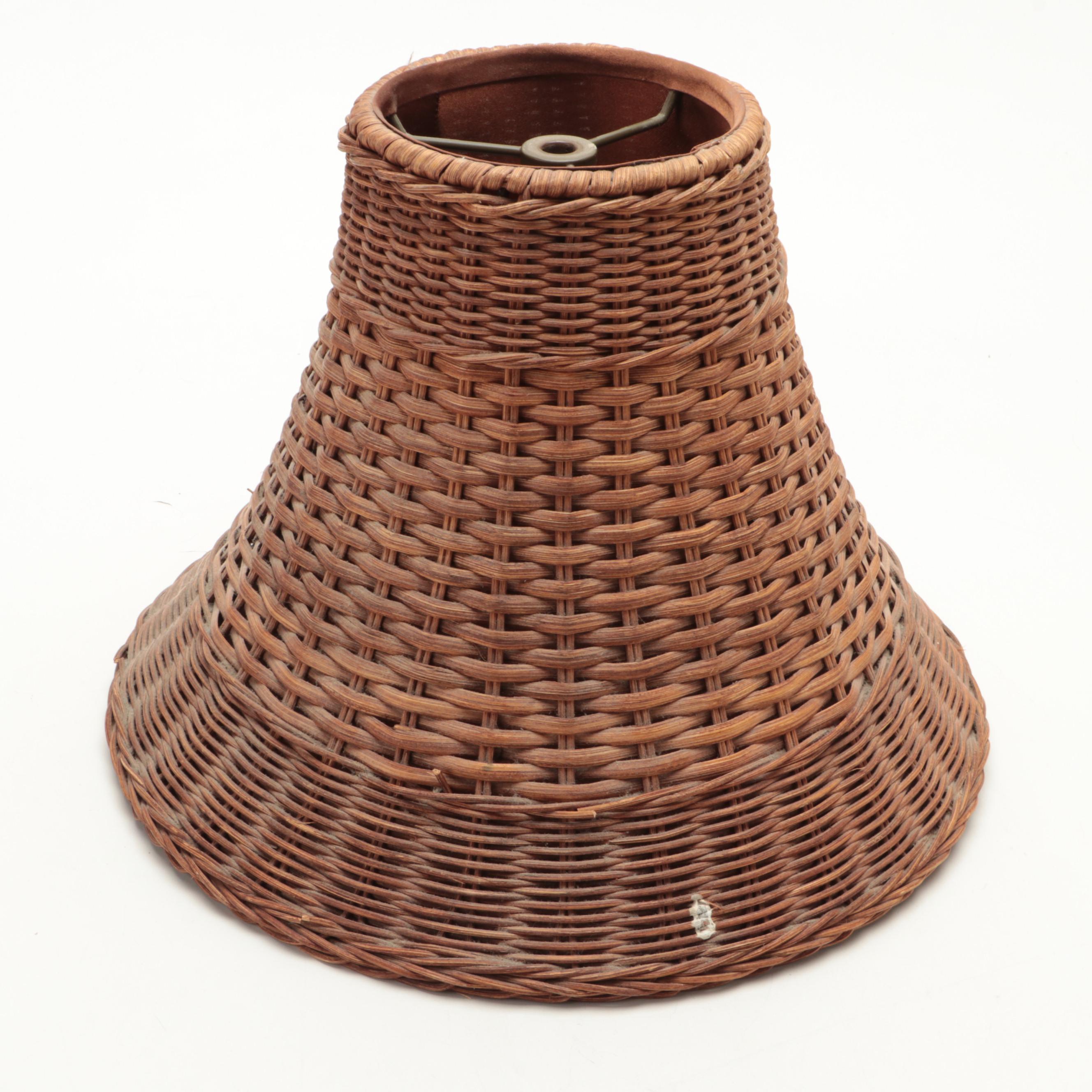 Folk Art Acorn and Oak Leaves Art Pottery Lamp, Wicker Shade, Early/ Mid-20th C