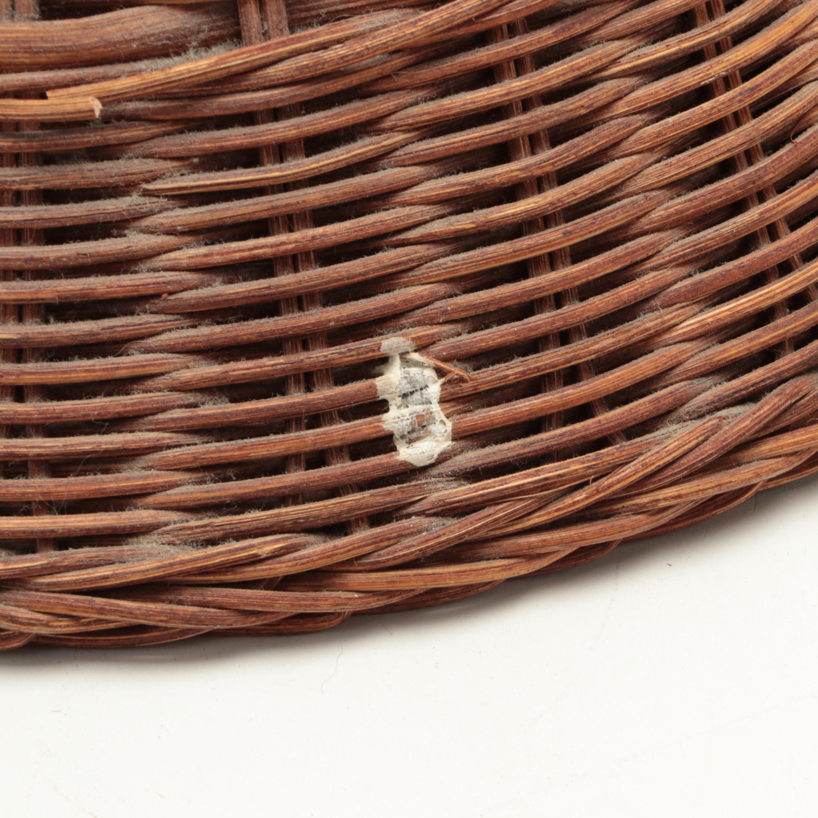 Folk Art Acorn and Oak Leaves Art Pottery Lamp, Wicker Shade, Early/ Mid-20th C