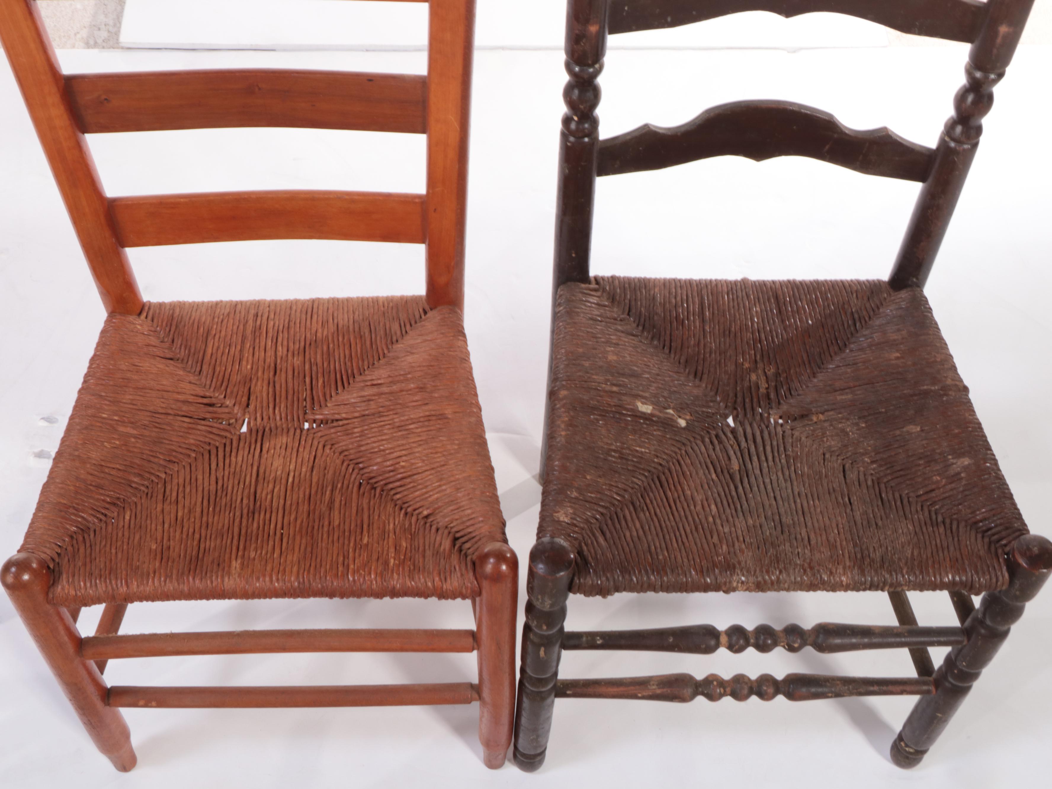 Two American Primitive Style Wooden Ladderback Chairs with Rush Seats