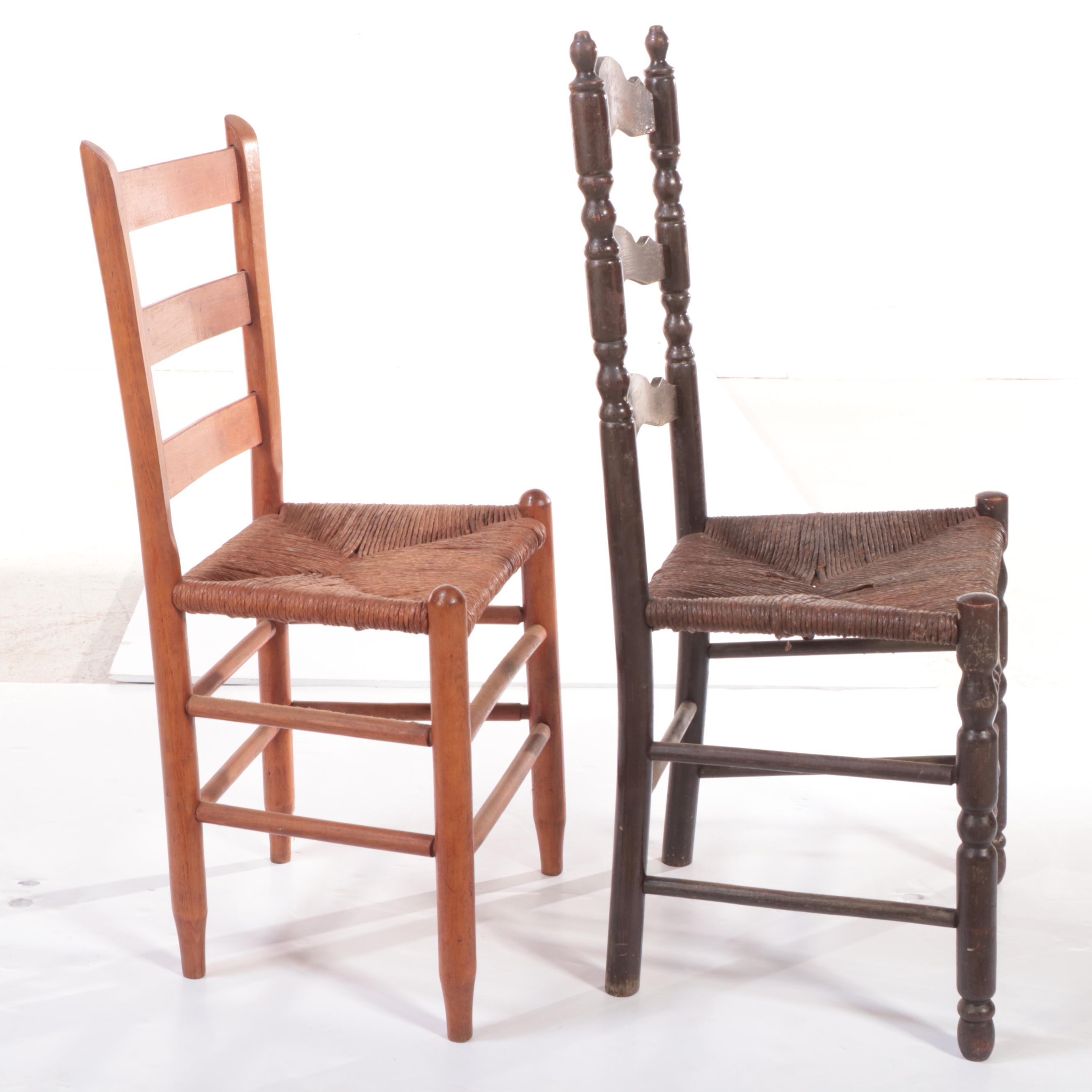 Two American Primitive Style Wooden Ladderback Chairs with Rush Seats