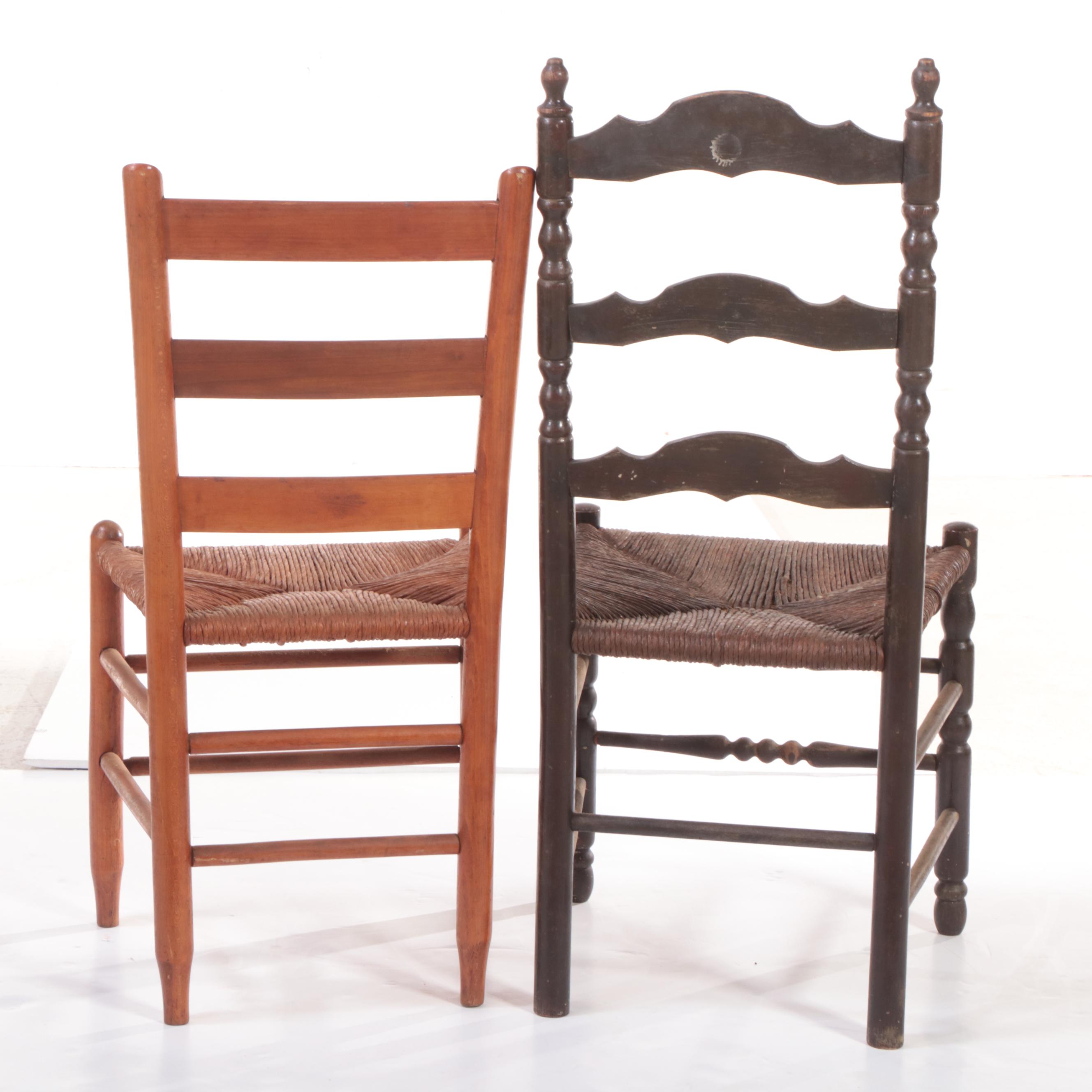 Two American Primitive Style Wooden Ladderback Chairs with Rush Seats