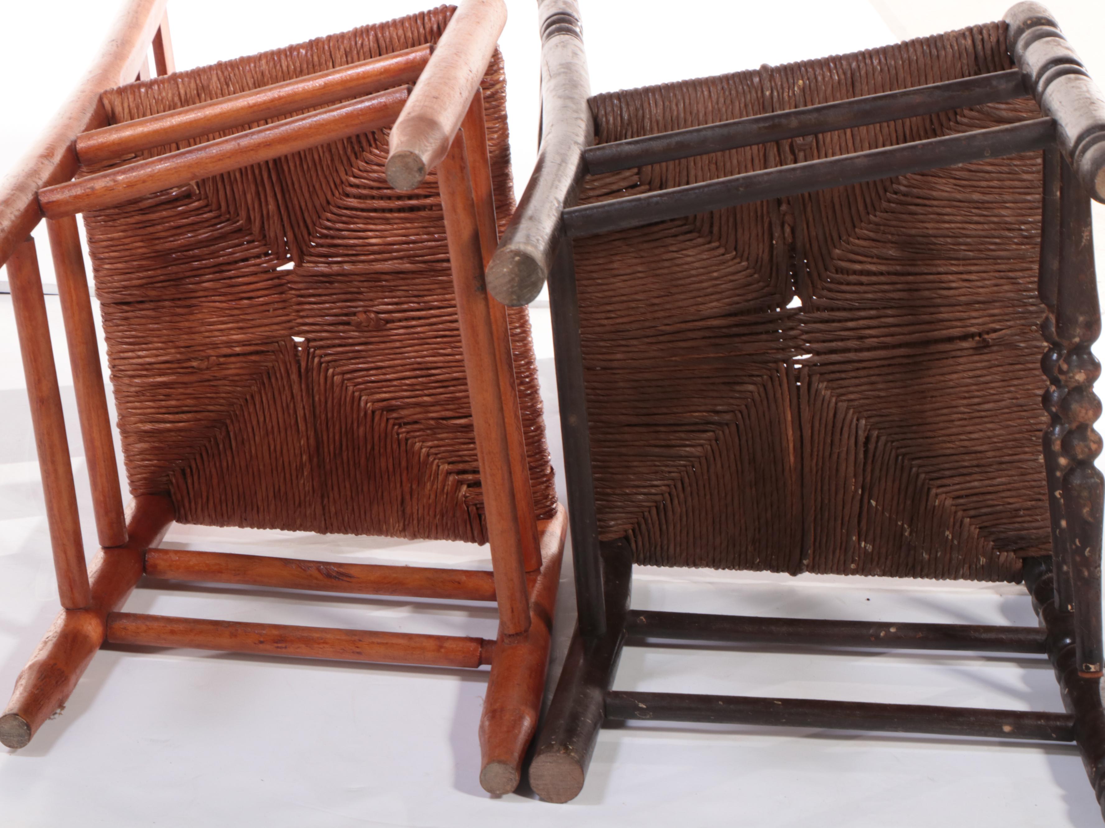 Two American Primitive Style Wooden Ladderback Chairs with Rush Seats