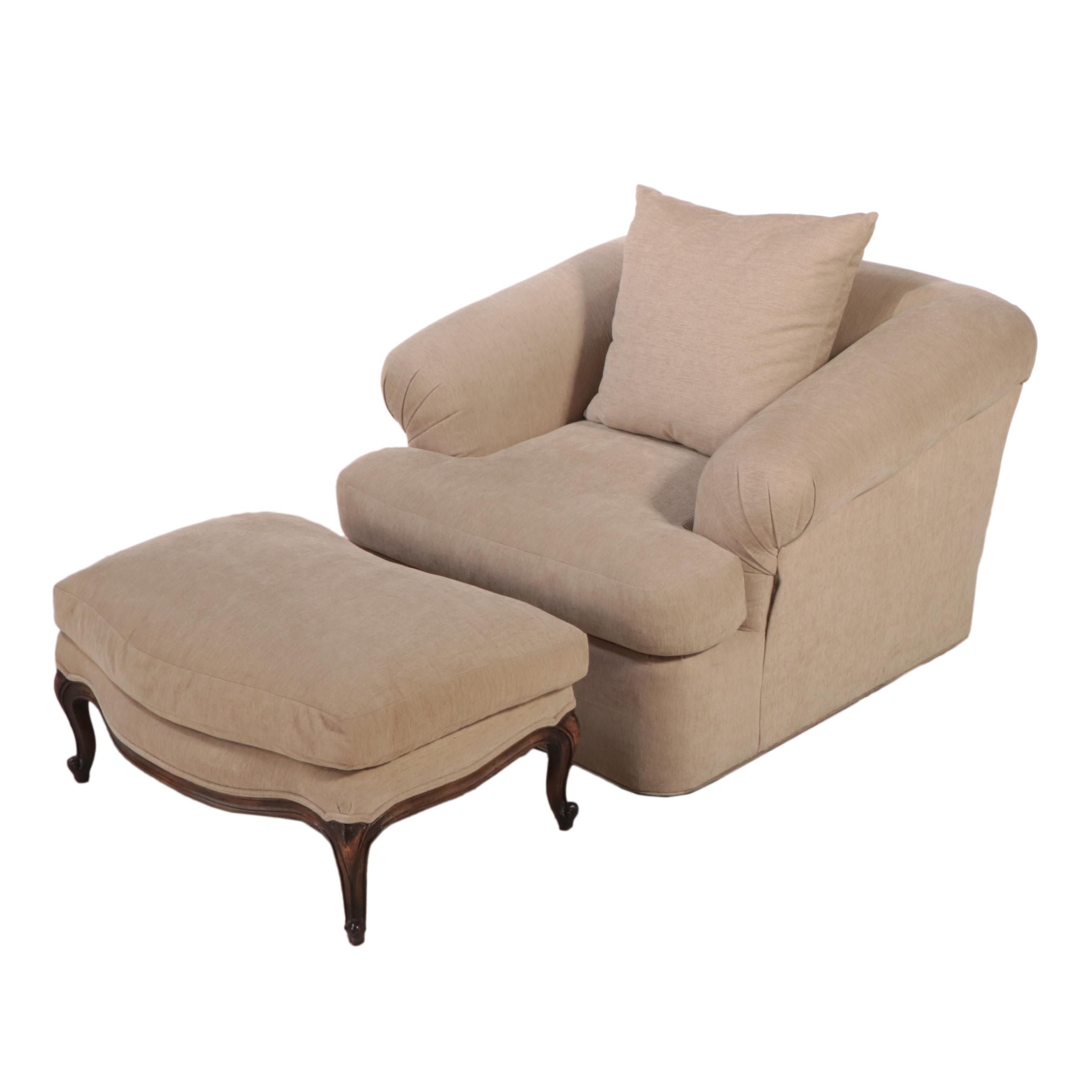 Custom-Upholstered Easy Armchair Plus Louis XV Style Ottoman