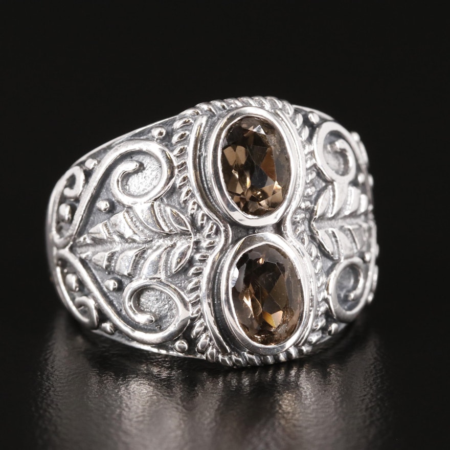 Sterling Smoky Quartz Tapered Scrollwork  Ring