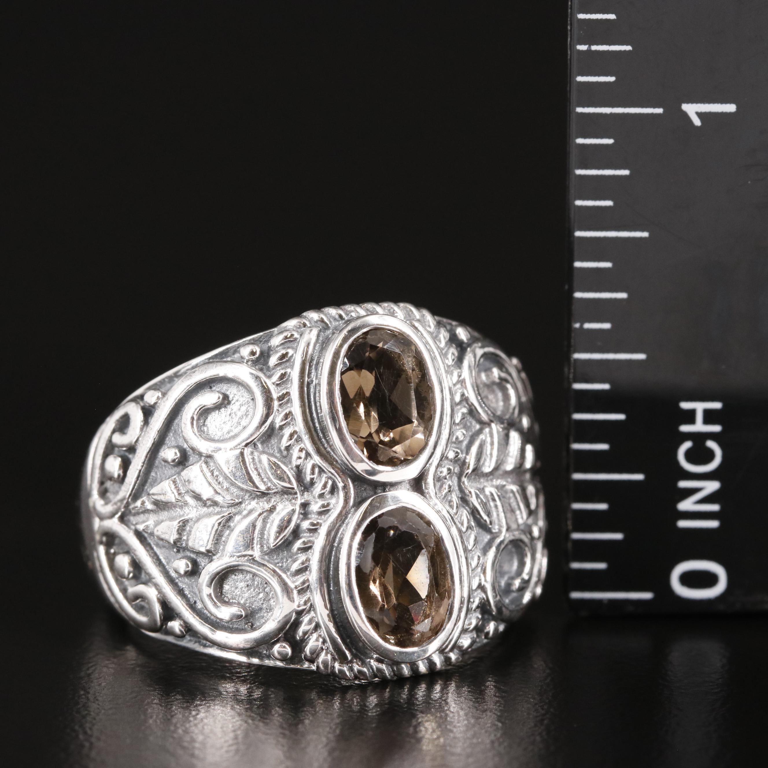Sterling Smoky Quartz Tapered Scrollwork  Ring