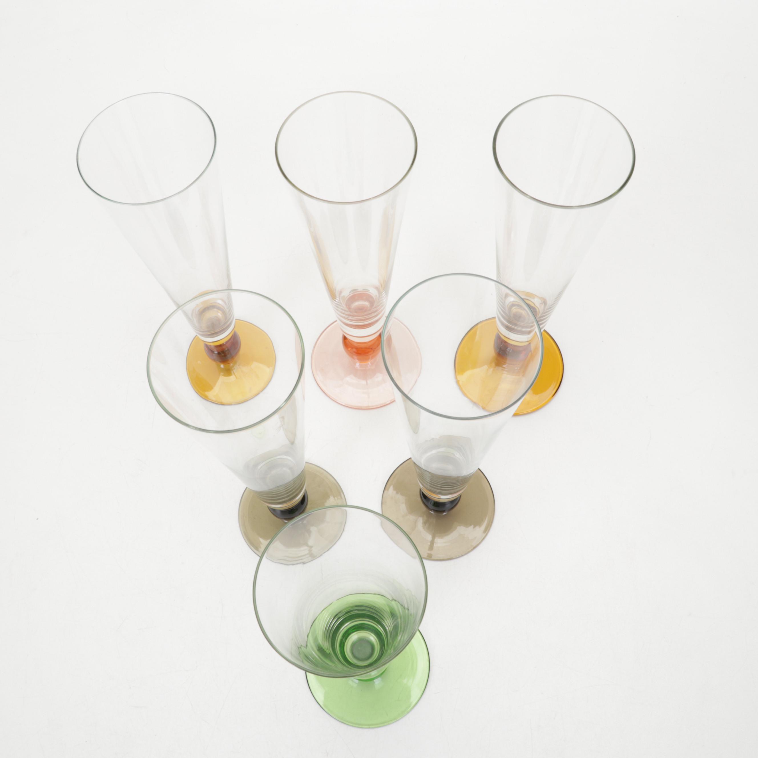 International Homes "Avalon" Glasses and Pitcher With Color Stem Pilsner Glasses