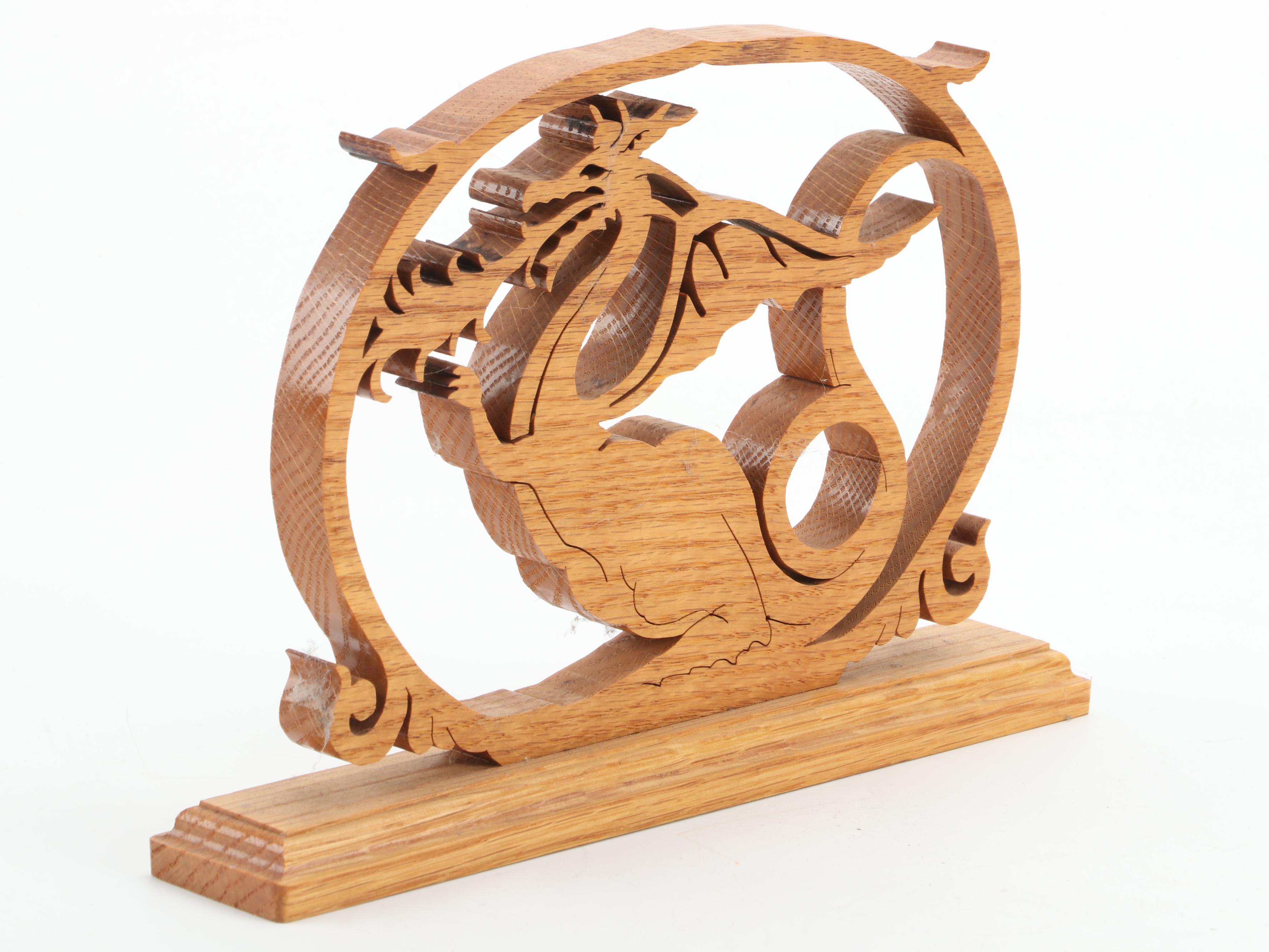 Scroll-Cut Oak Dragon Plaque