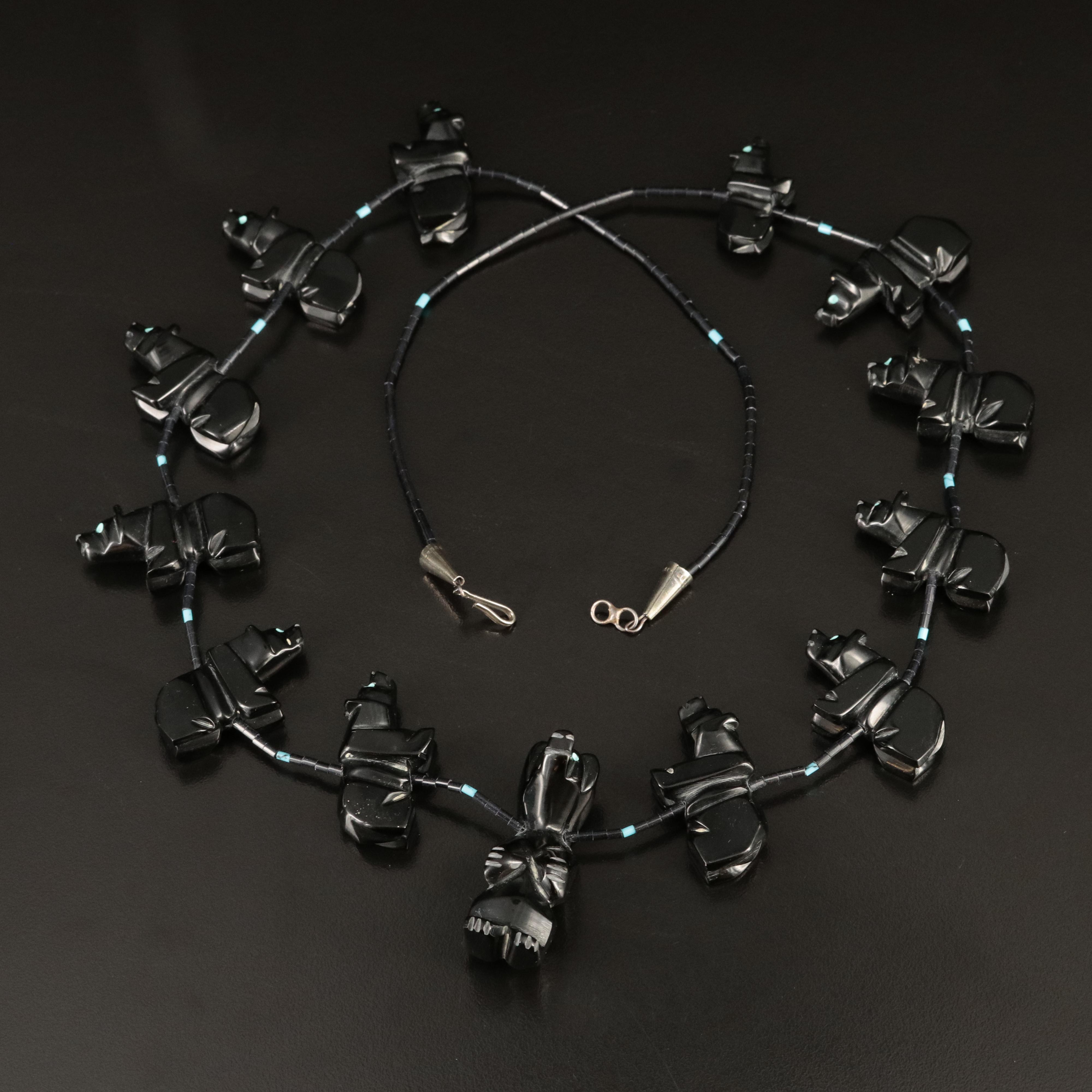 Southwestern Carved Faux Onyx and Faux Turquoise Fetish Bear Necklace