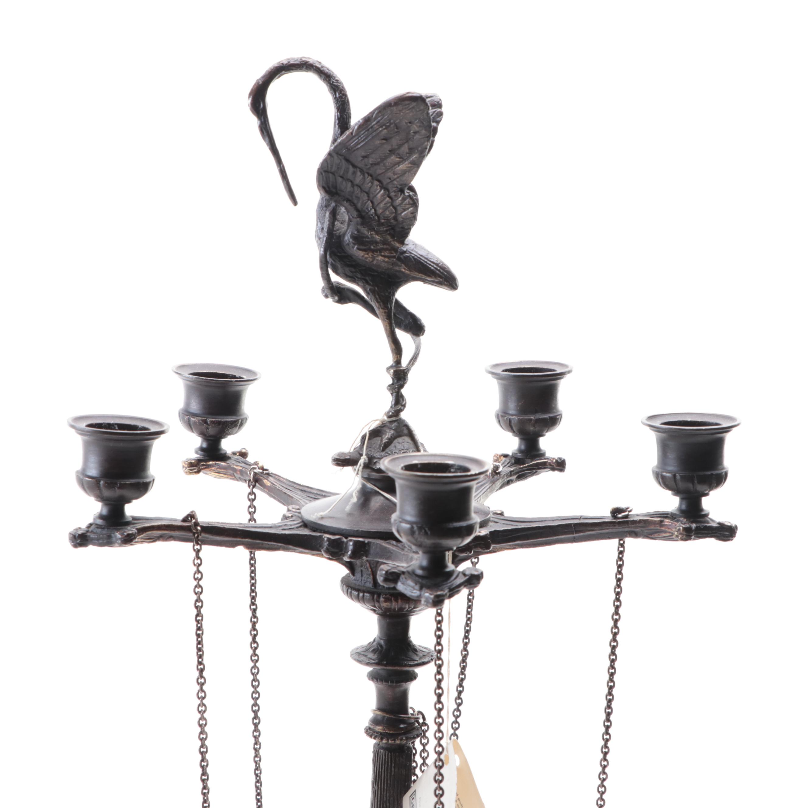 Great City Traders Neoclassical Stork Topped Bronze and Metal Candle Holder