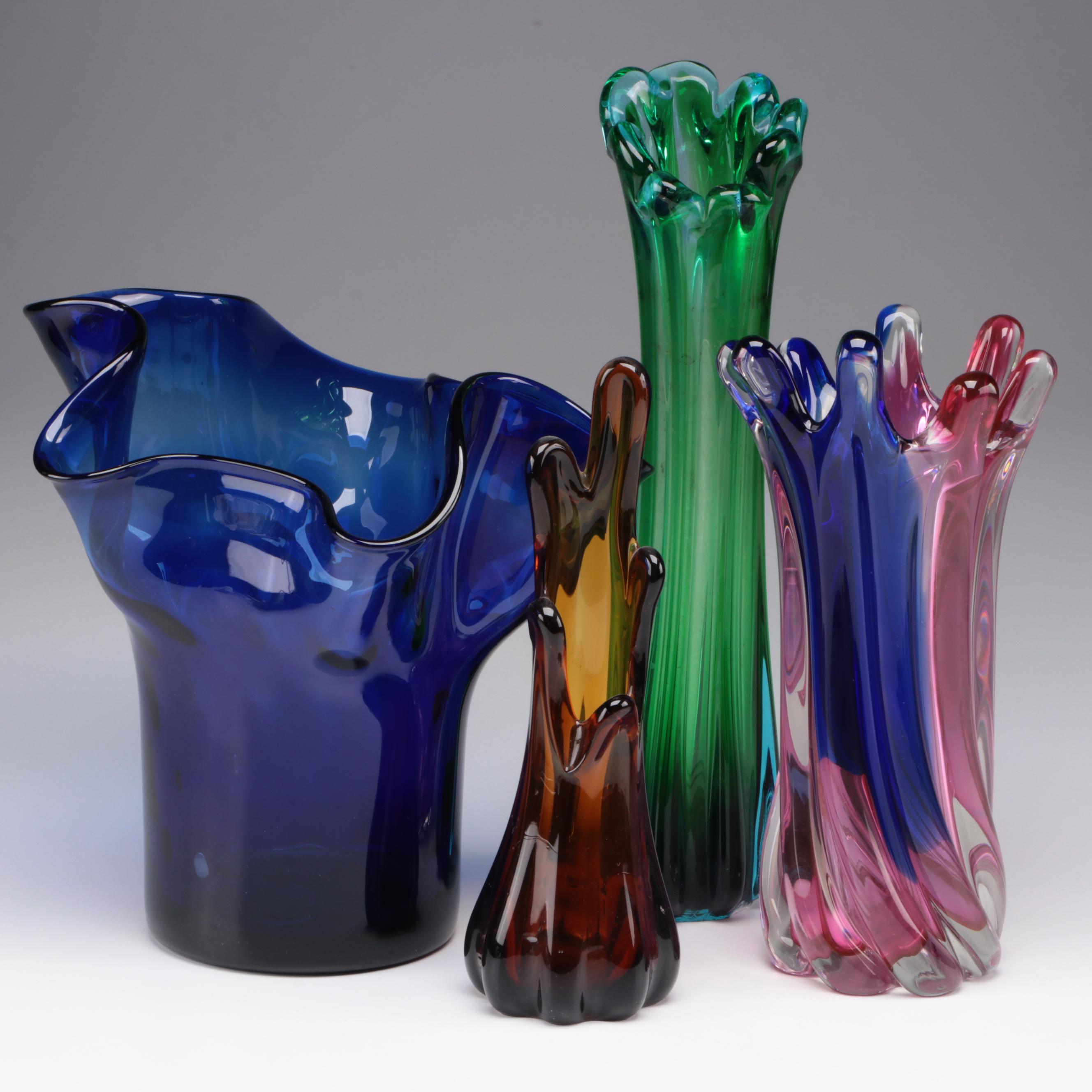 MCM Style Swung Glass Vases with Cobalt Ruffled Slumped Glass Vase