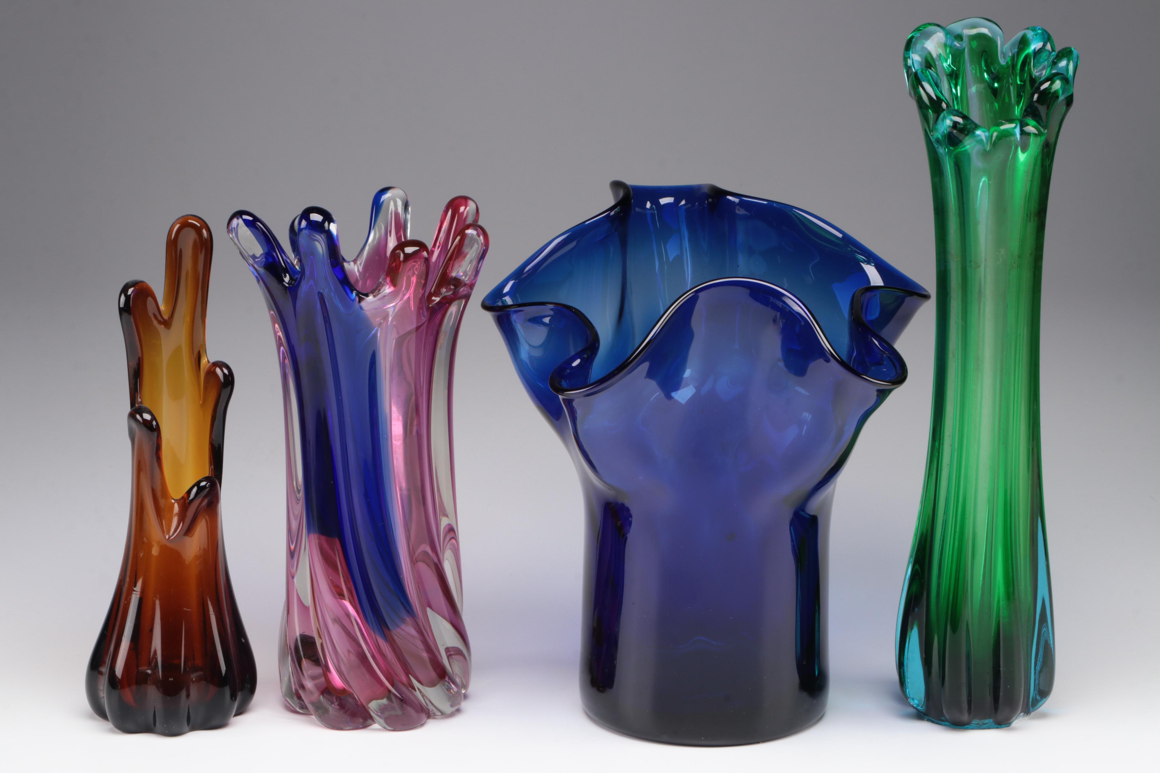 MCM Style Swung Glass Vases with Cobalt Ruffled Slumped Glass Vase