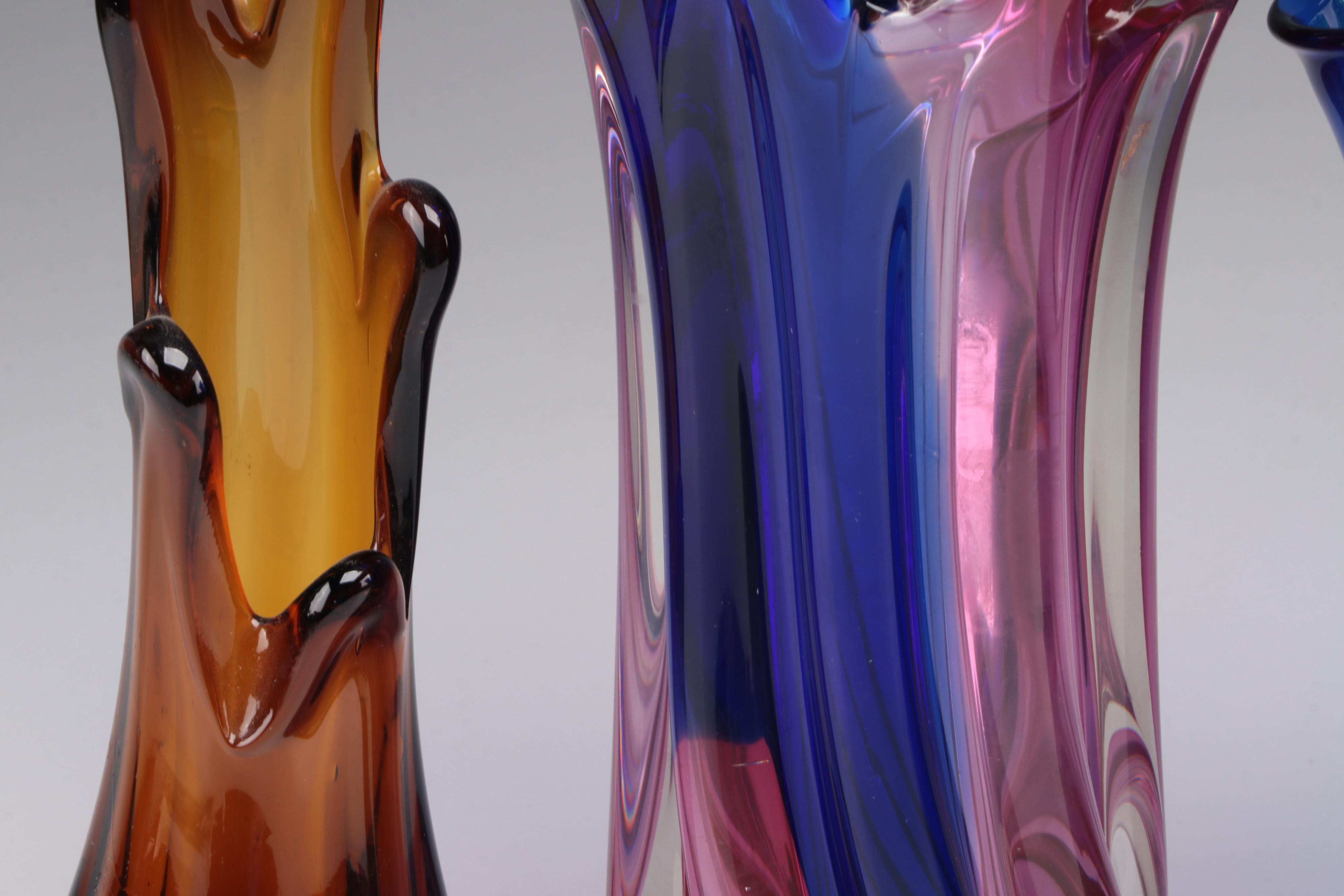 MCM Style Swung Glass Vases with Cobalt Ruffled Slumped Glass Vase