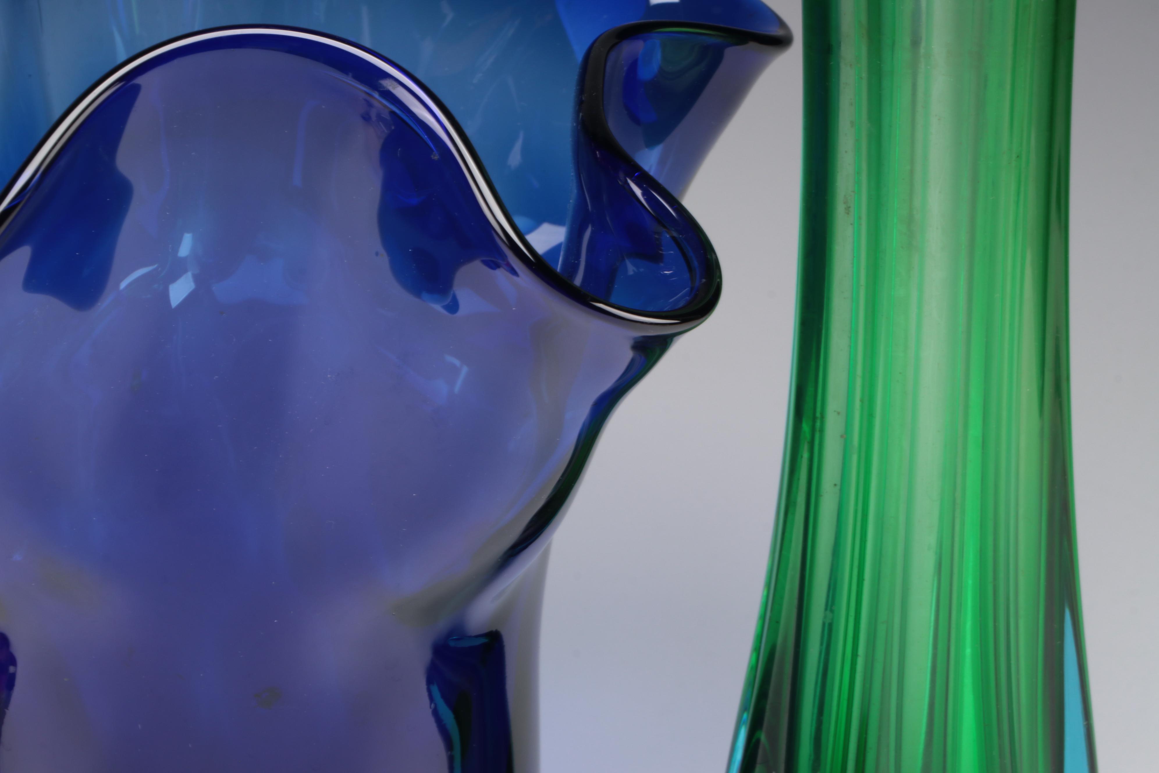 MCM Style Swung Glass Vases with Cobalt Ruffled Slumped Glass Vase