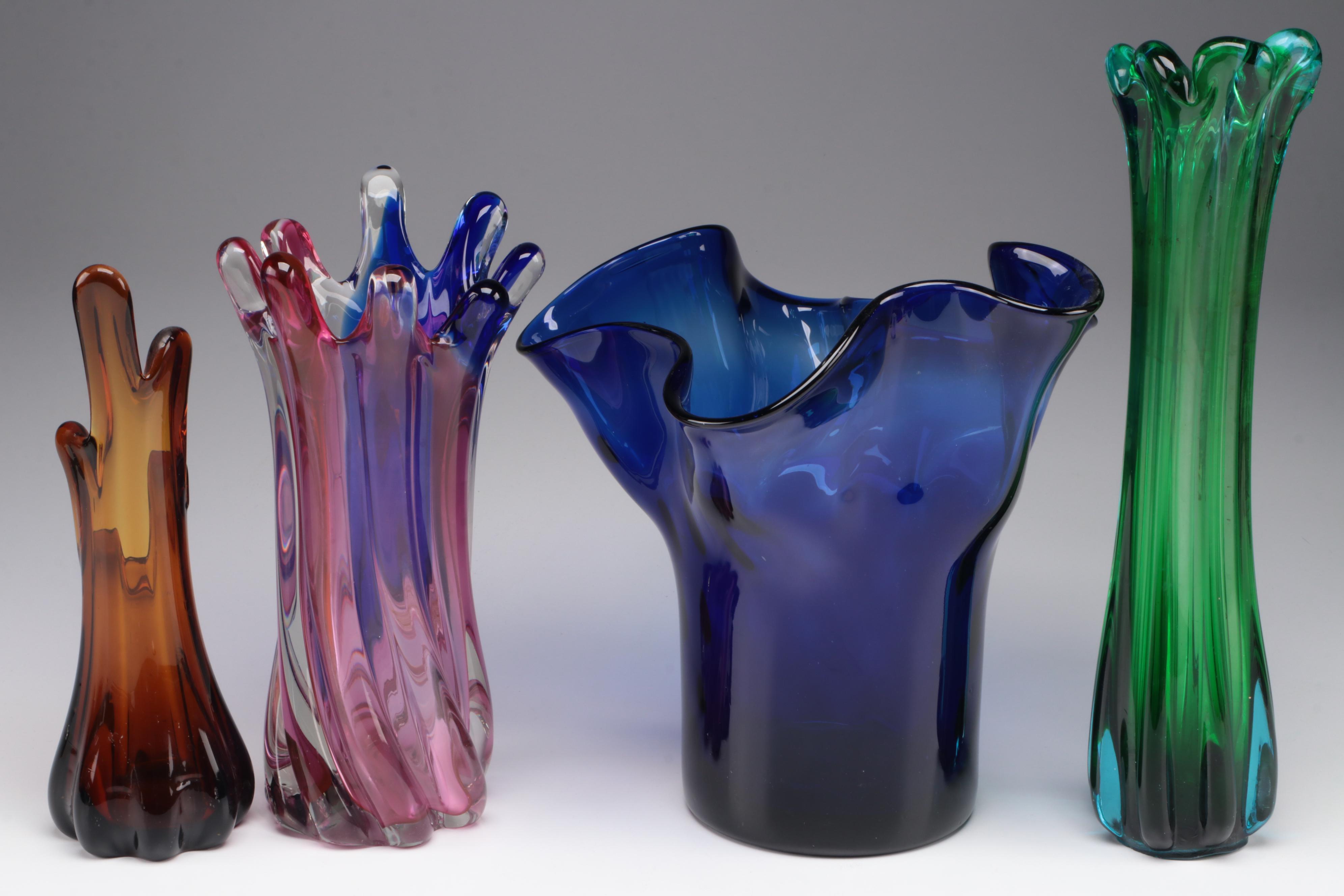 MCM Style Swung Glass Vases with Cobalt Ruffled Slumped Glass Vase