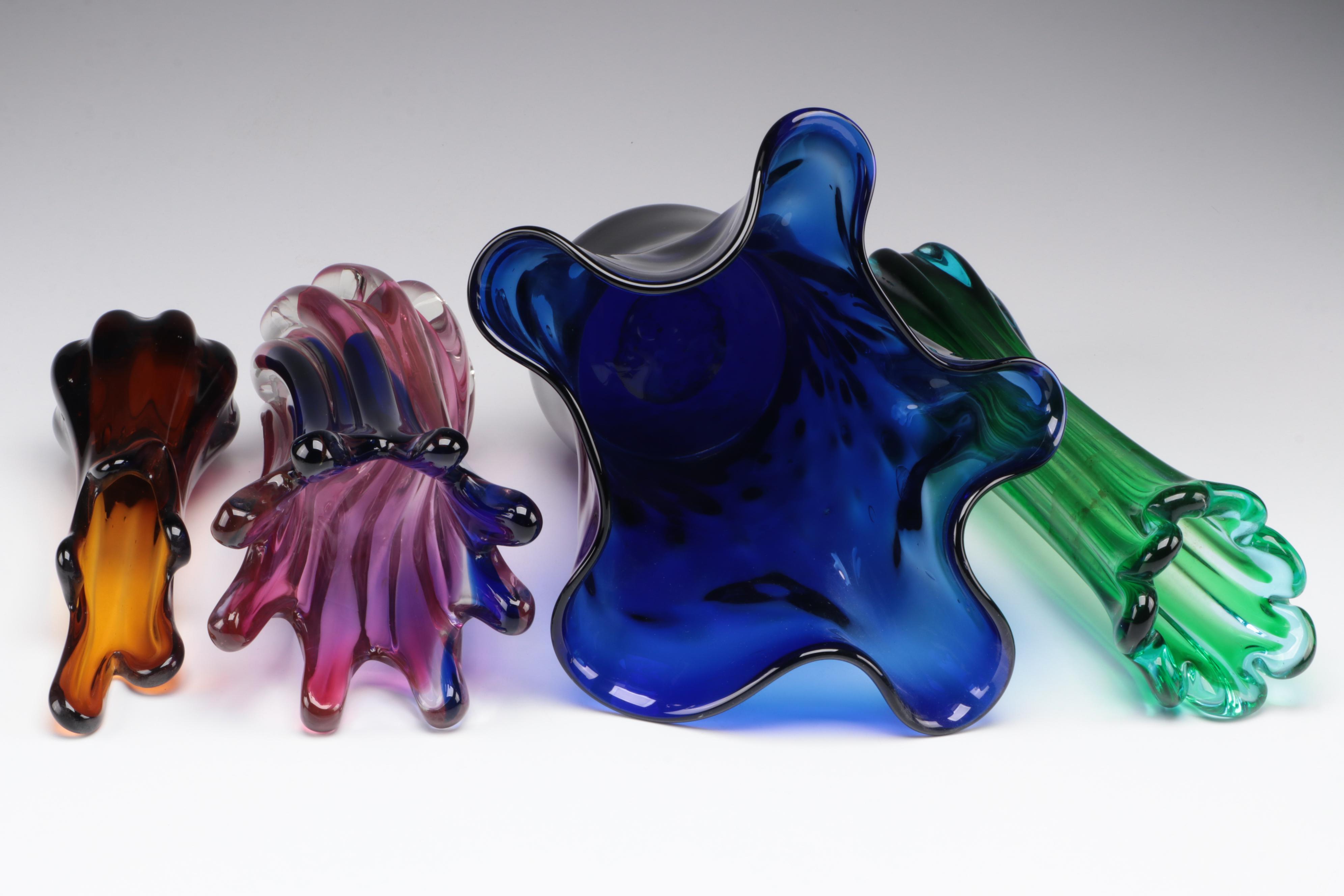 MCM Style Swung Glass Vases with Cobalt Ruffled Slumped Glass Vase