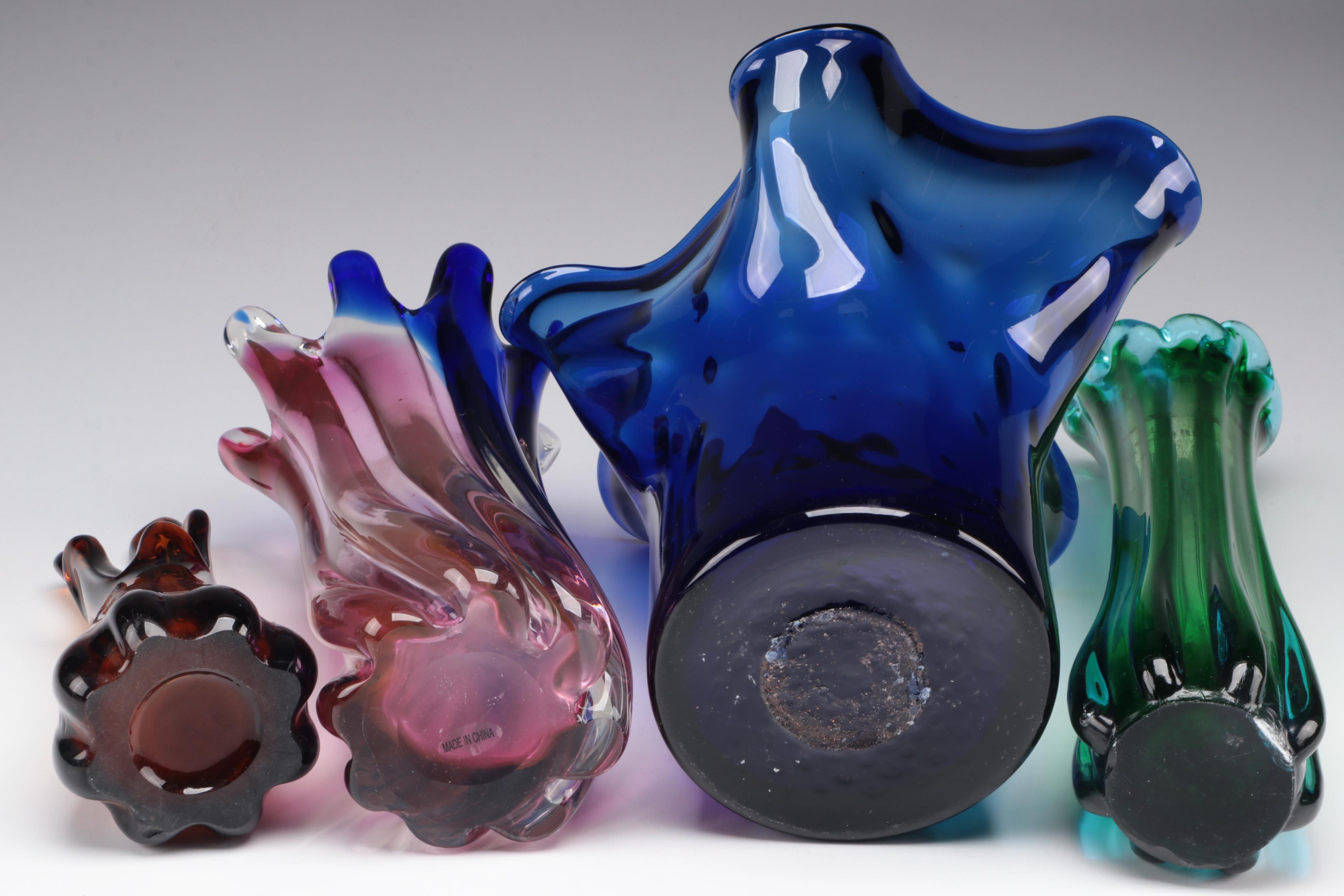 MCM Style Swung Glass Vases with Cobalt Ruffled Slumped Glass Vase