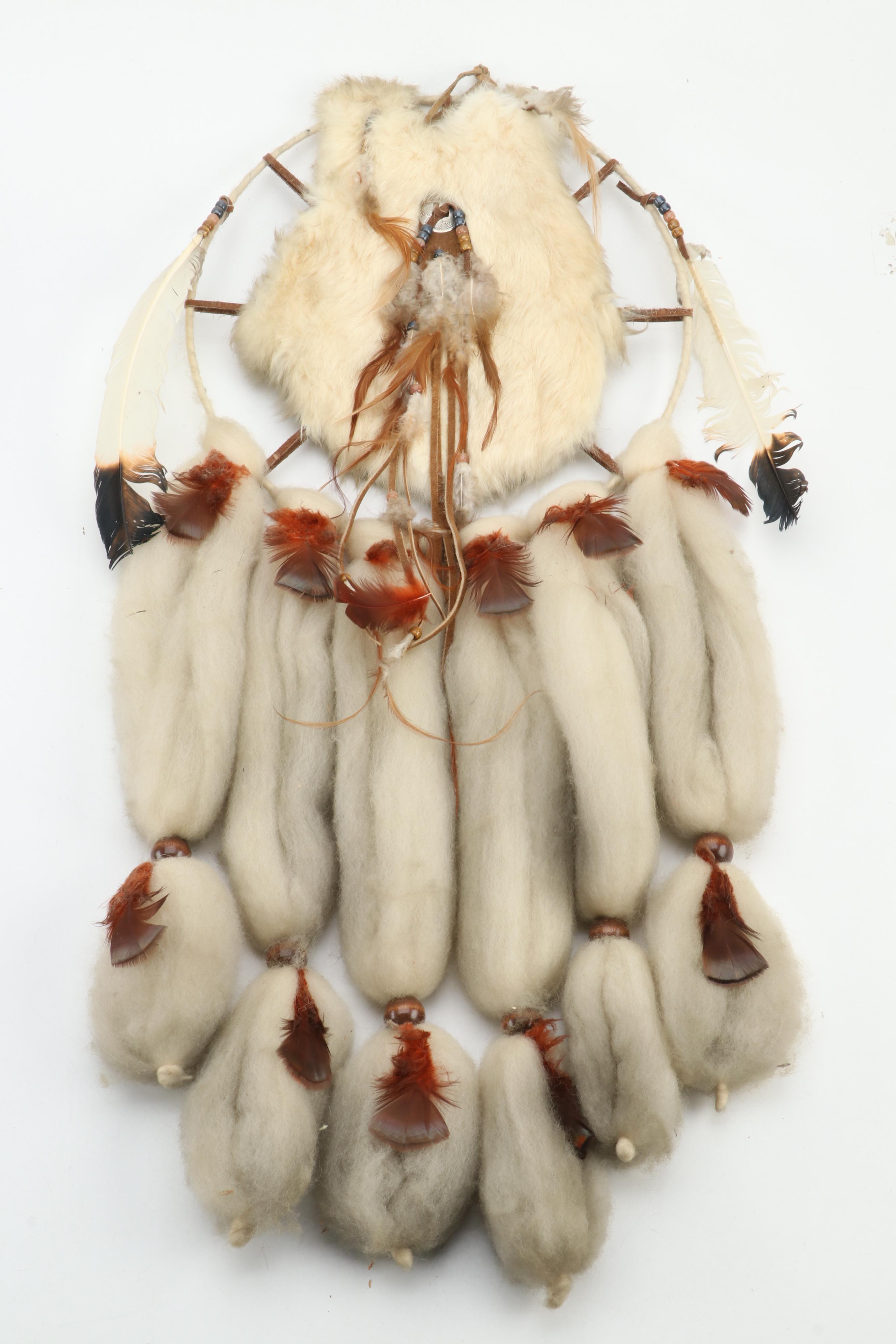 Dream Catcher With Hand Drum, Stick and Woven Palm Bark Bag