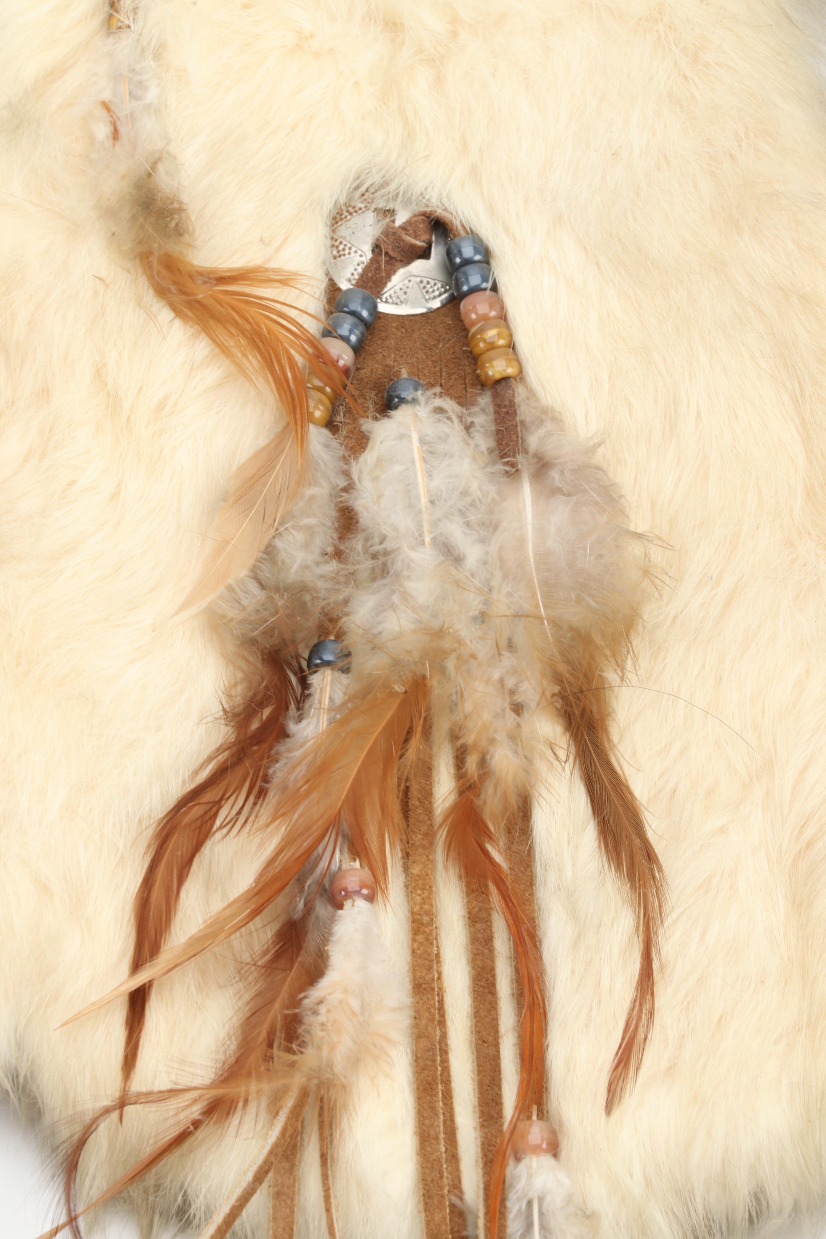 Dream Catcher With Hand Drum, Stick and Woven Palm Bark Bag