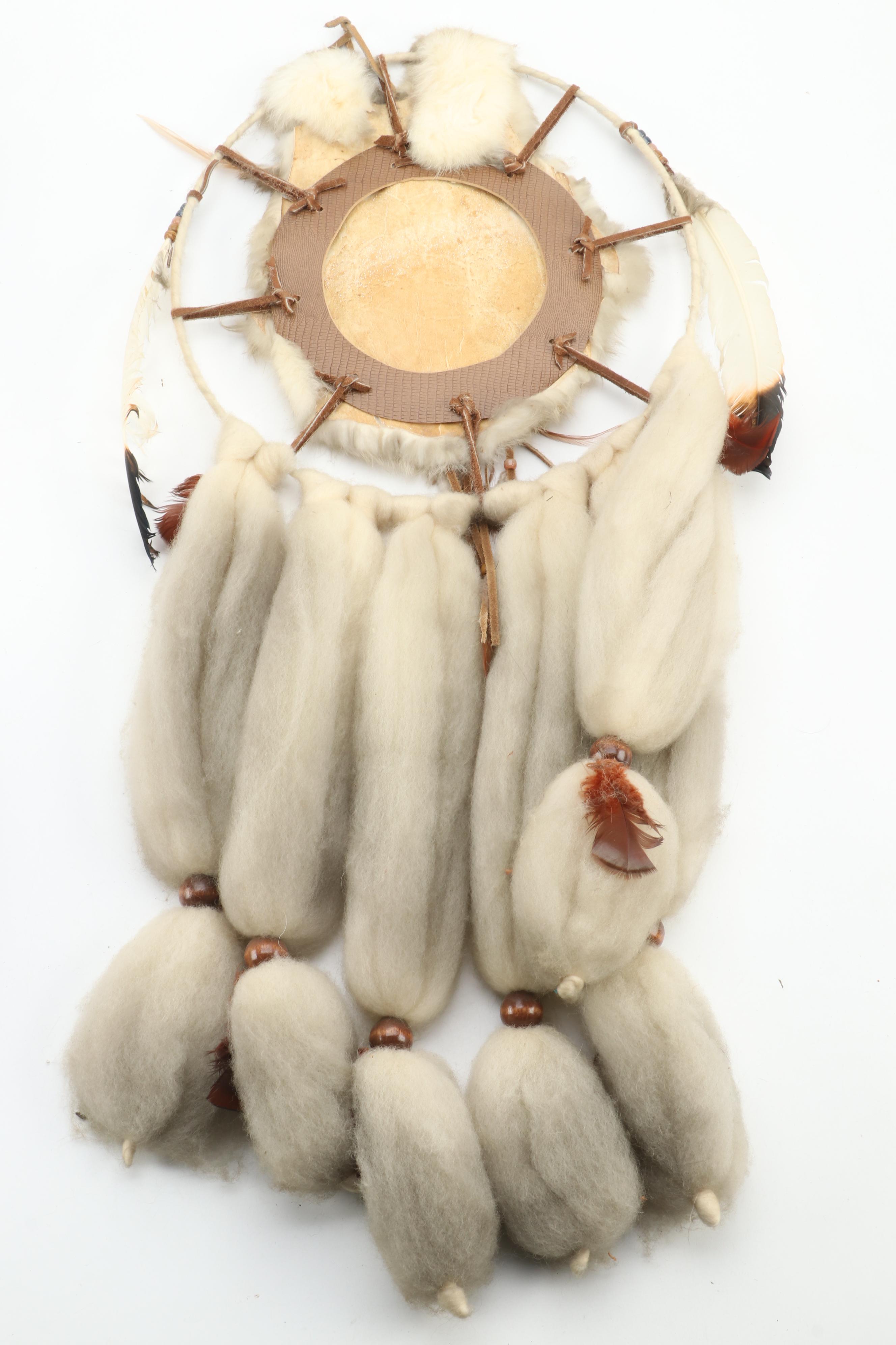 Dream Catcher With Hand Drum, Stick and Woven Palm Bark Bag