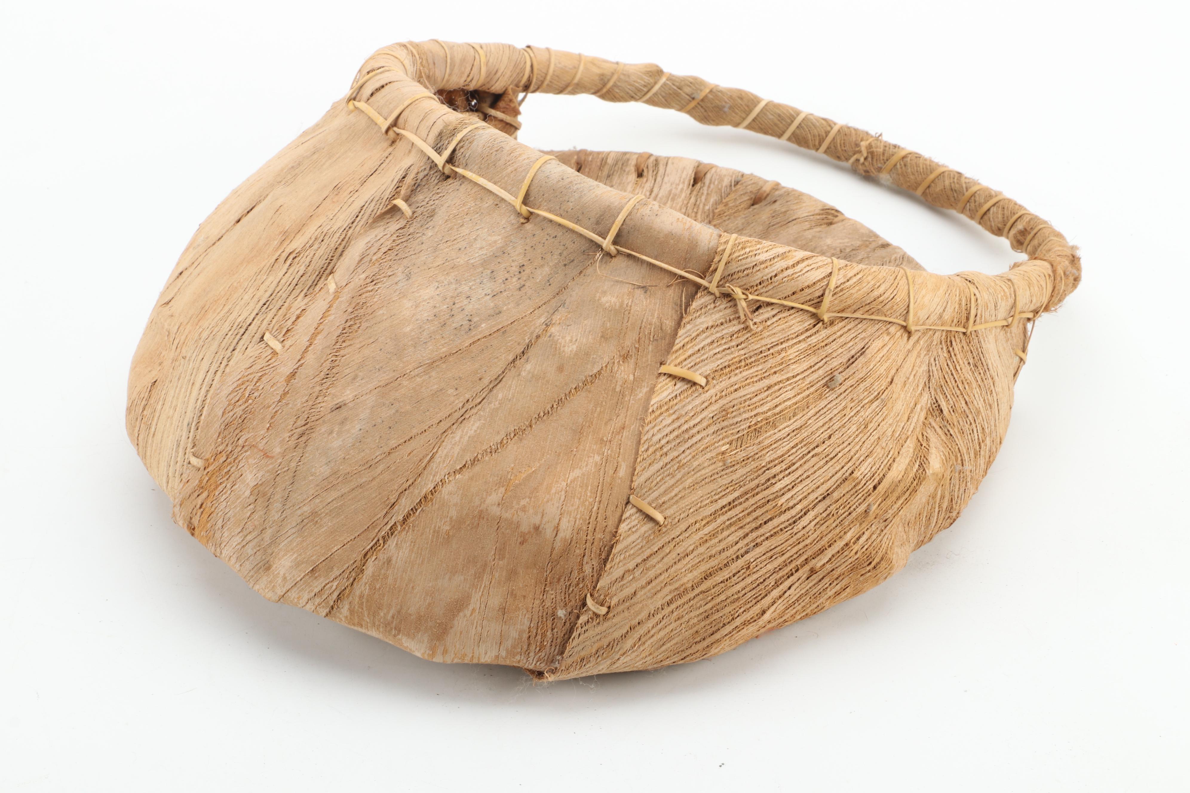 Dream Catcher With Hand Drum, Stick and Woven Palm Bark Bag
