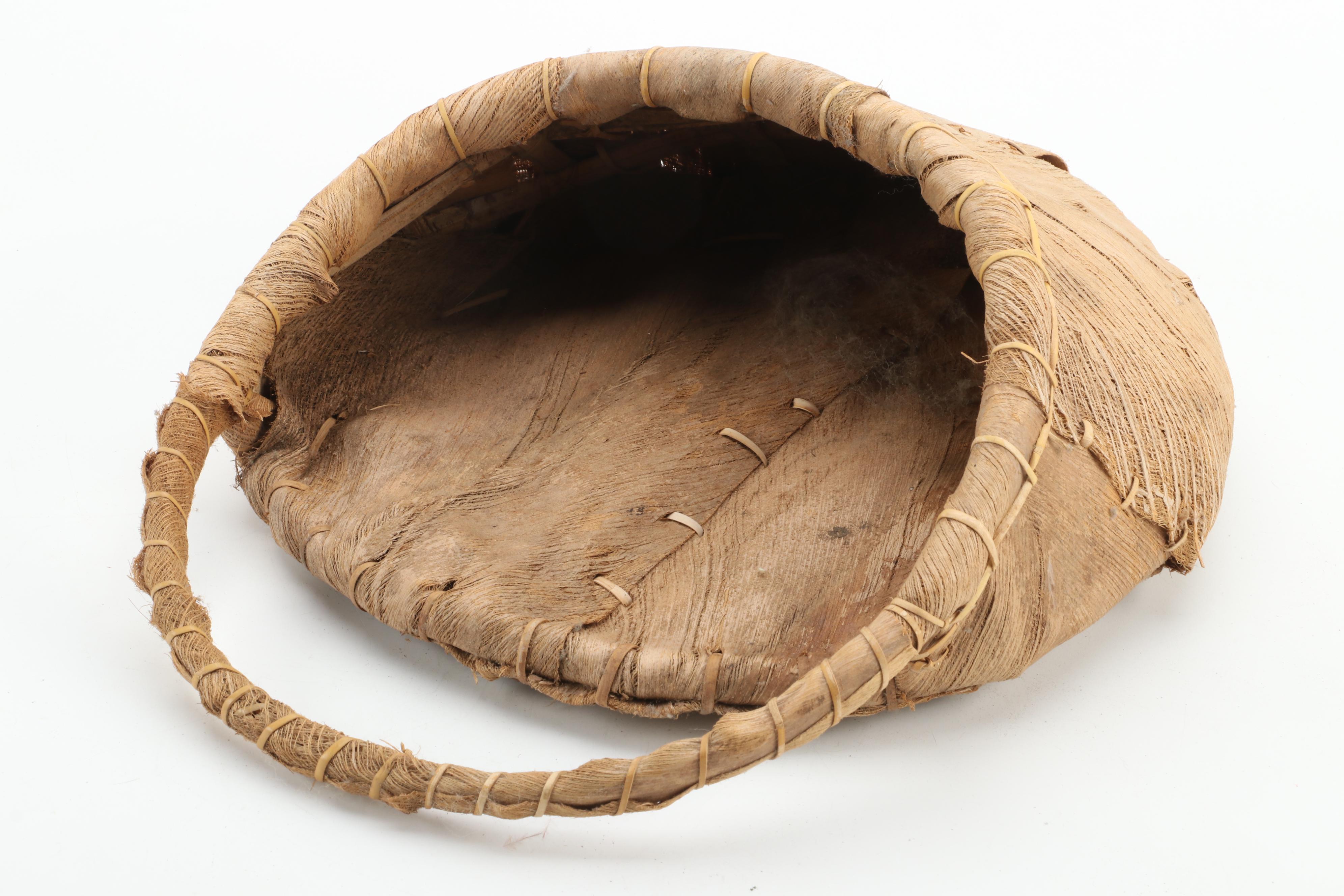 Dream Catcher With Hand Drum, Stick and Woven Palm Bark Bag