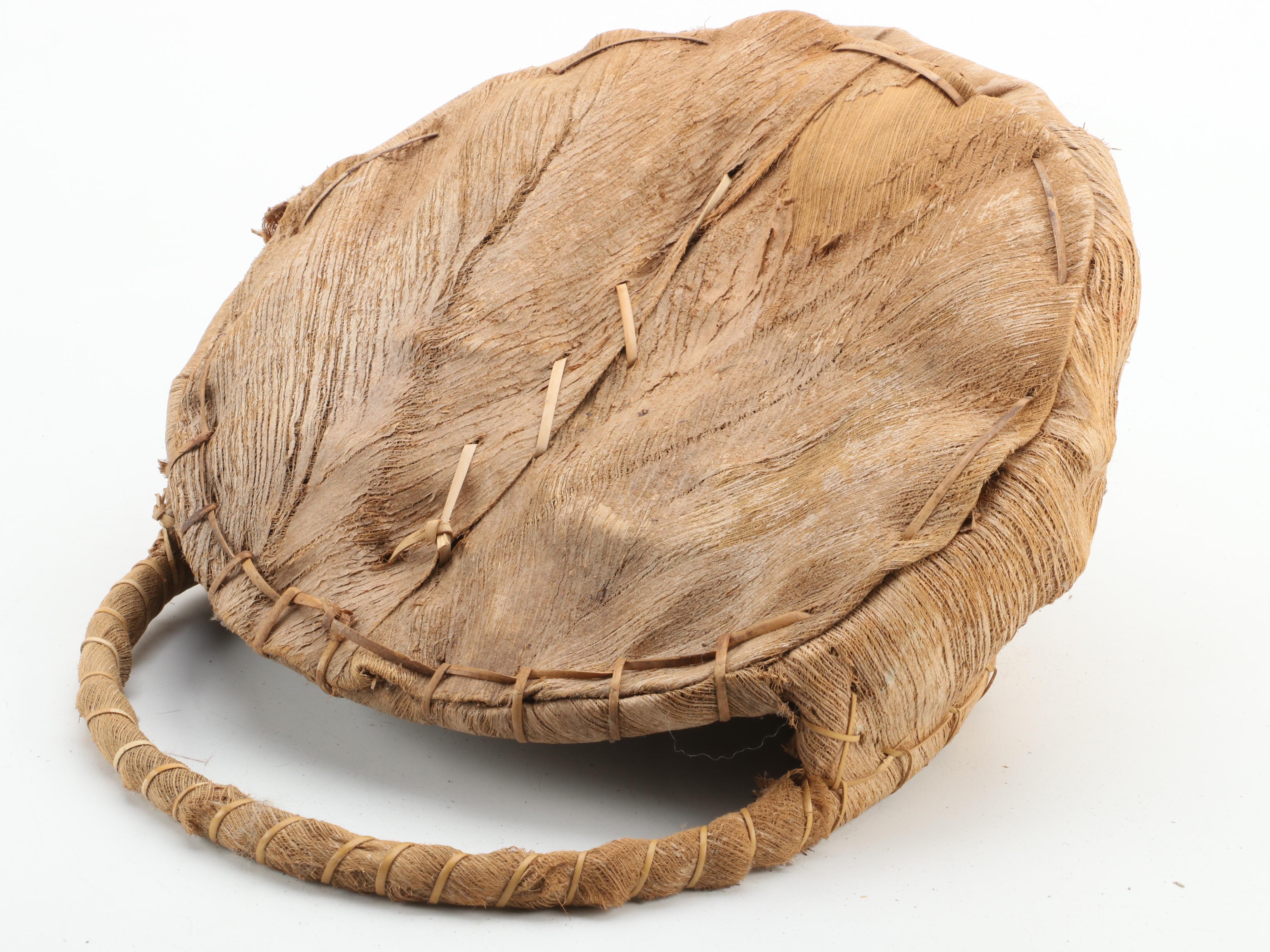 Dream Catcher With Hand Drum, Stick and Woven Palm Bark Bag