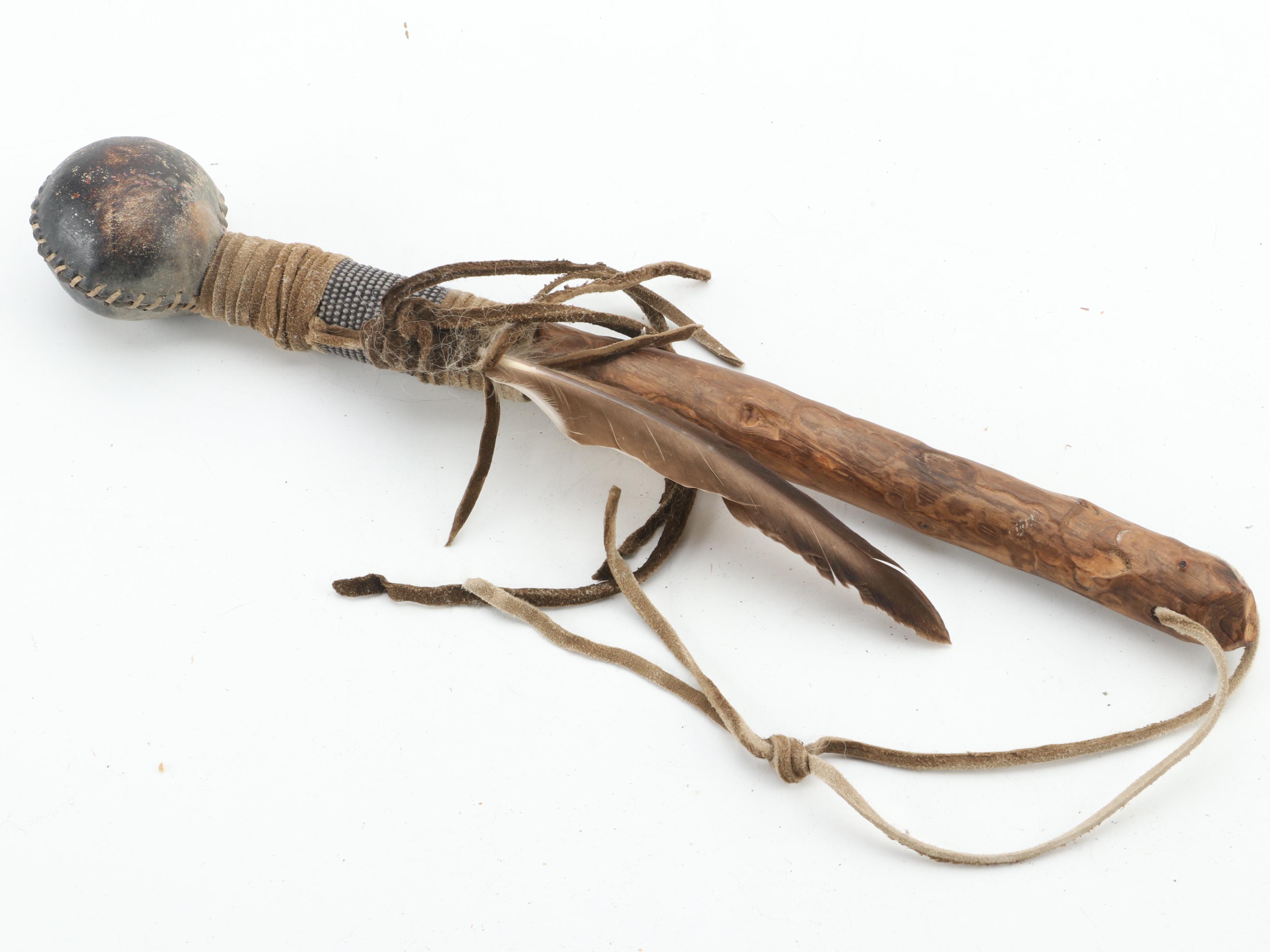 Dream Catcher With Hand Drum, Stick and Woven Palm Bark Bag
