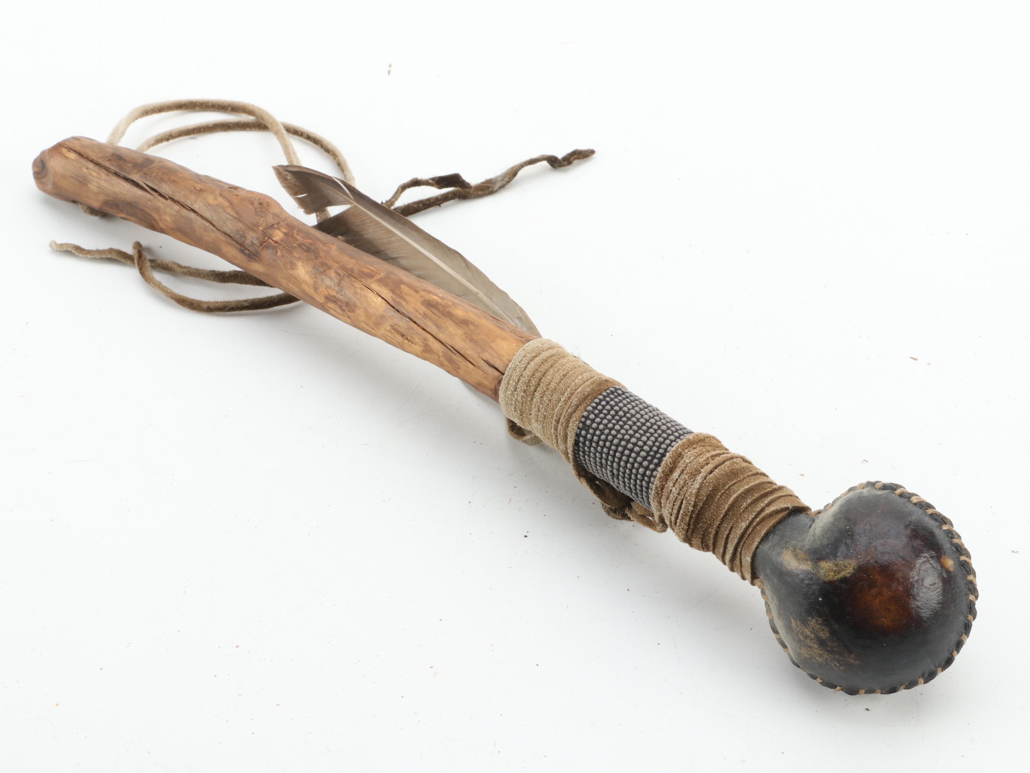 Dream Catcher With Hand Drum, Stick and Woven Palm Bark Bag