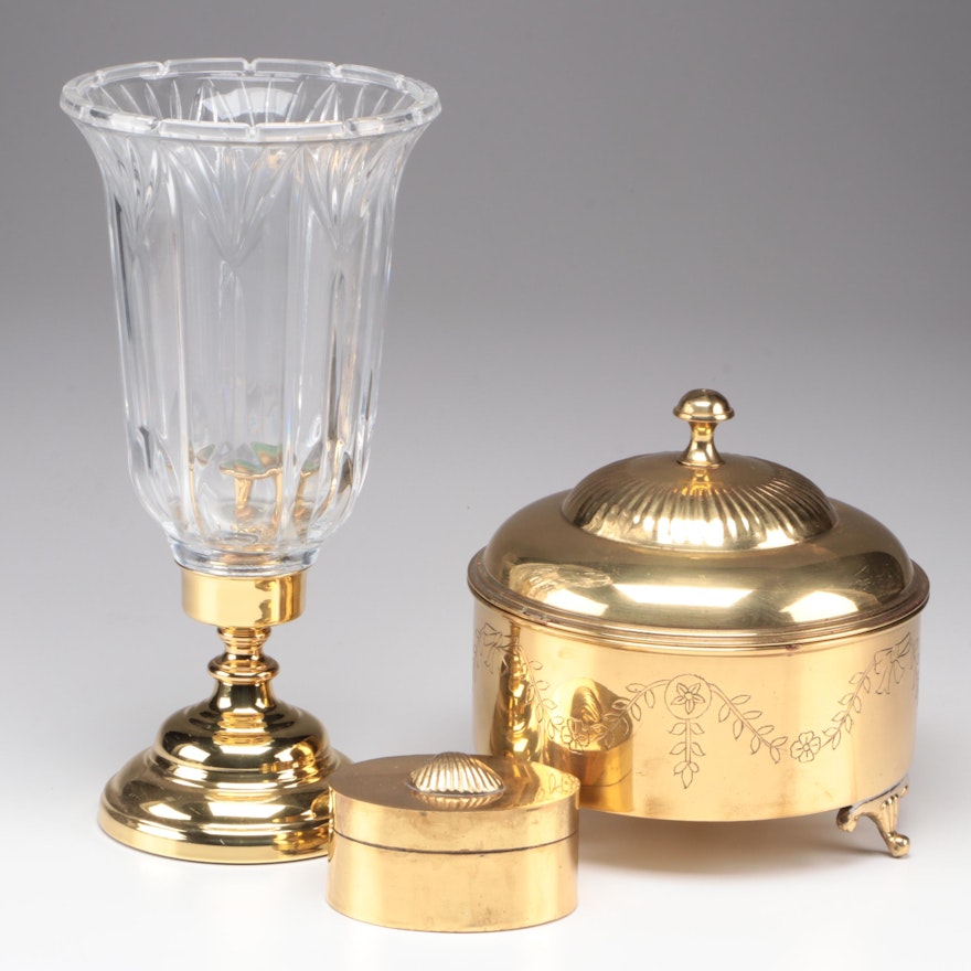 Brass and Glass Hurricane Candlestick with Footed Brass Bowl and Lidded Box