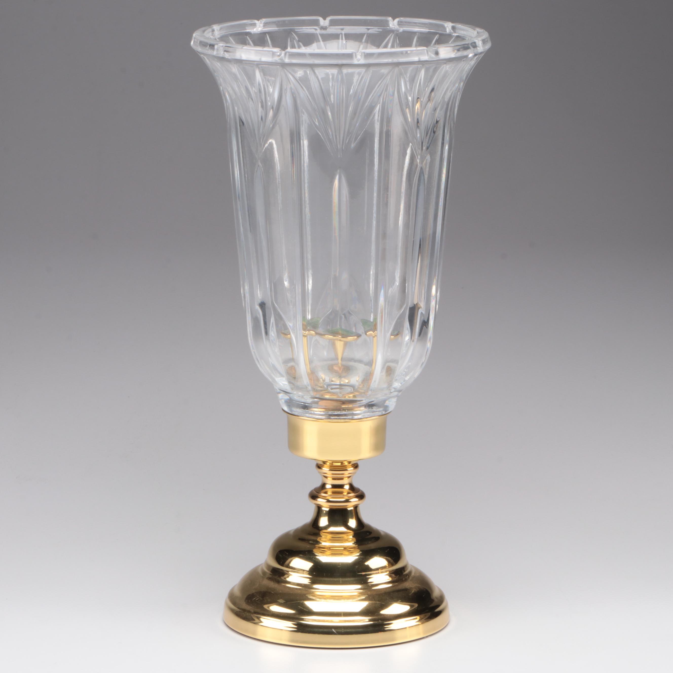 Brass and Glass Hurricane Candlestick with Footed Brass Bowl and Lidded Box