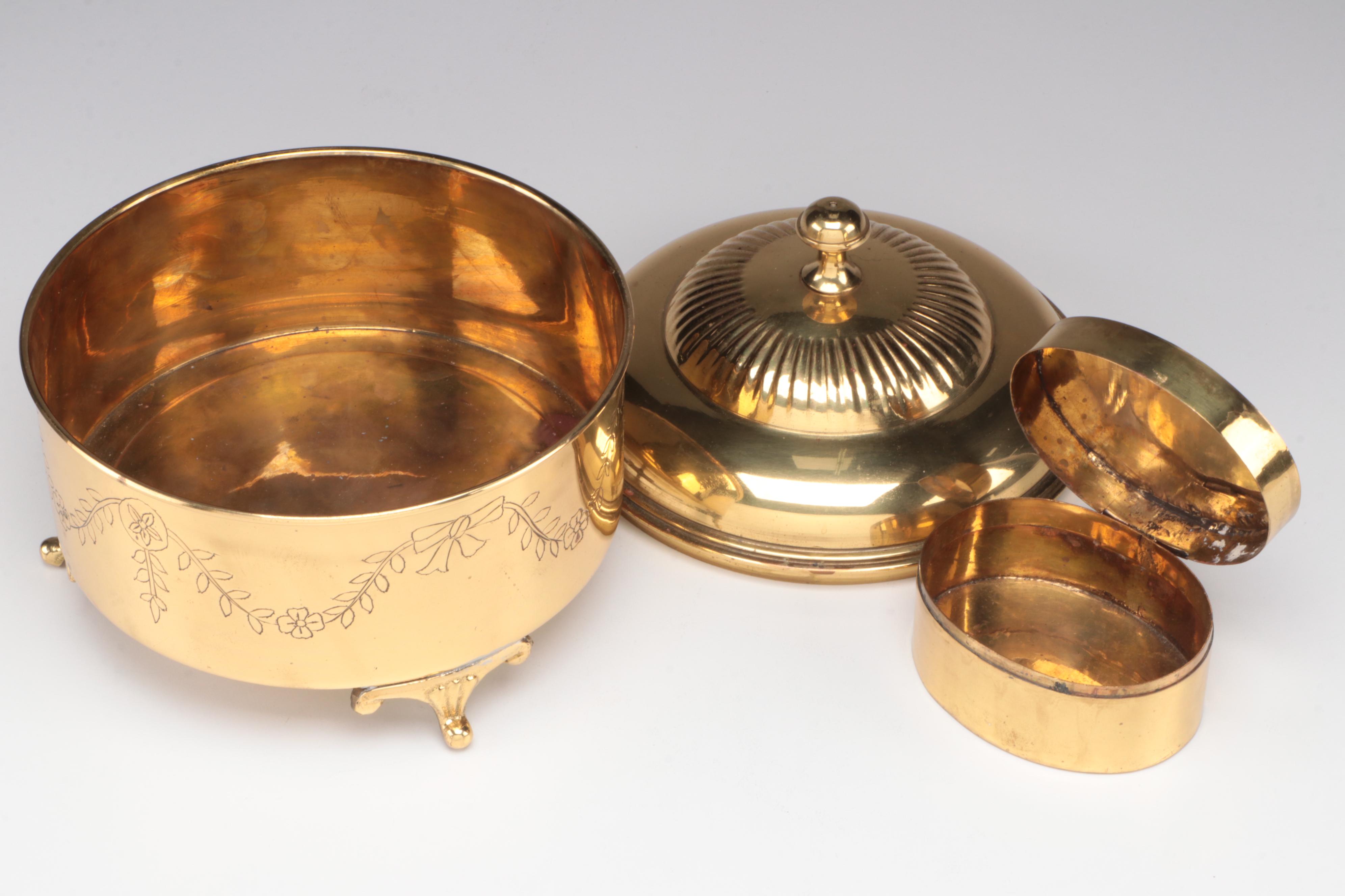 Brass and Glass Hurricane Candlestick with Footed Brass Bowl and Lidded Box
