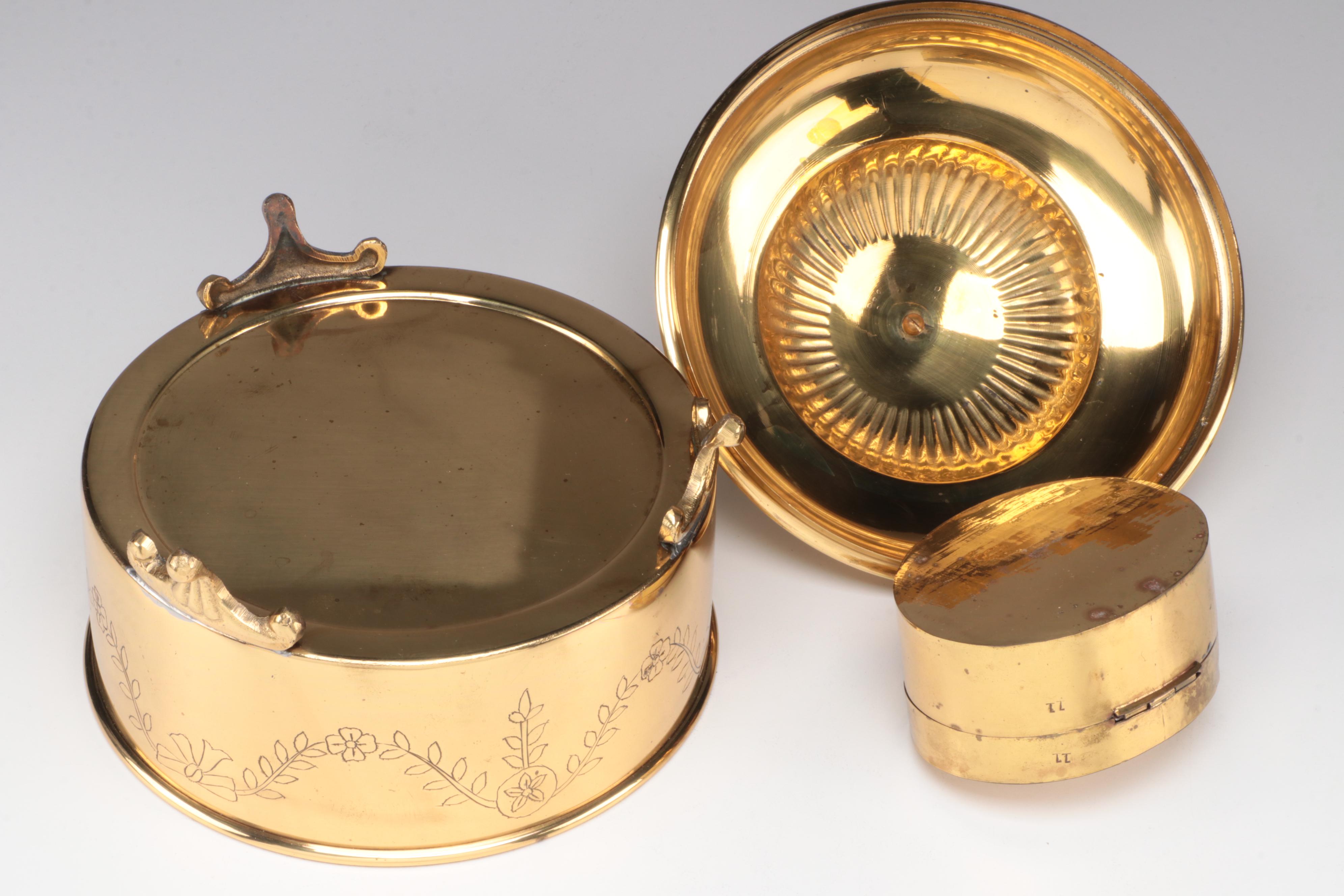 Brass and Glass Hurricane Candlestick with Footed Brass Bowl and Lidded Box