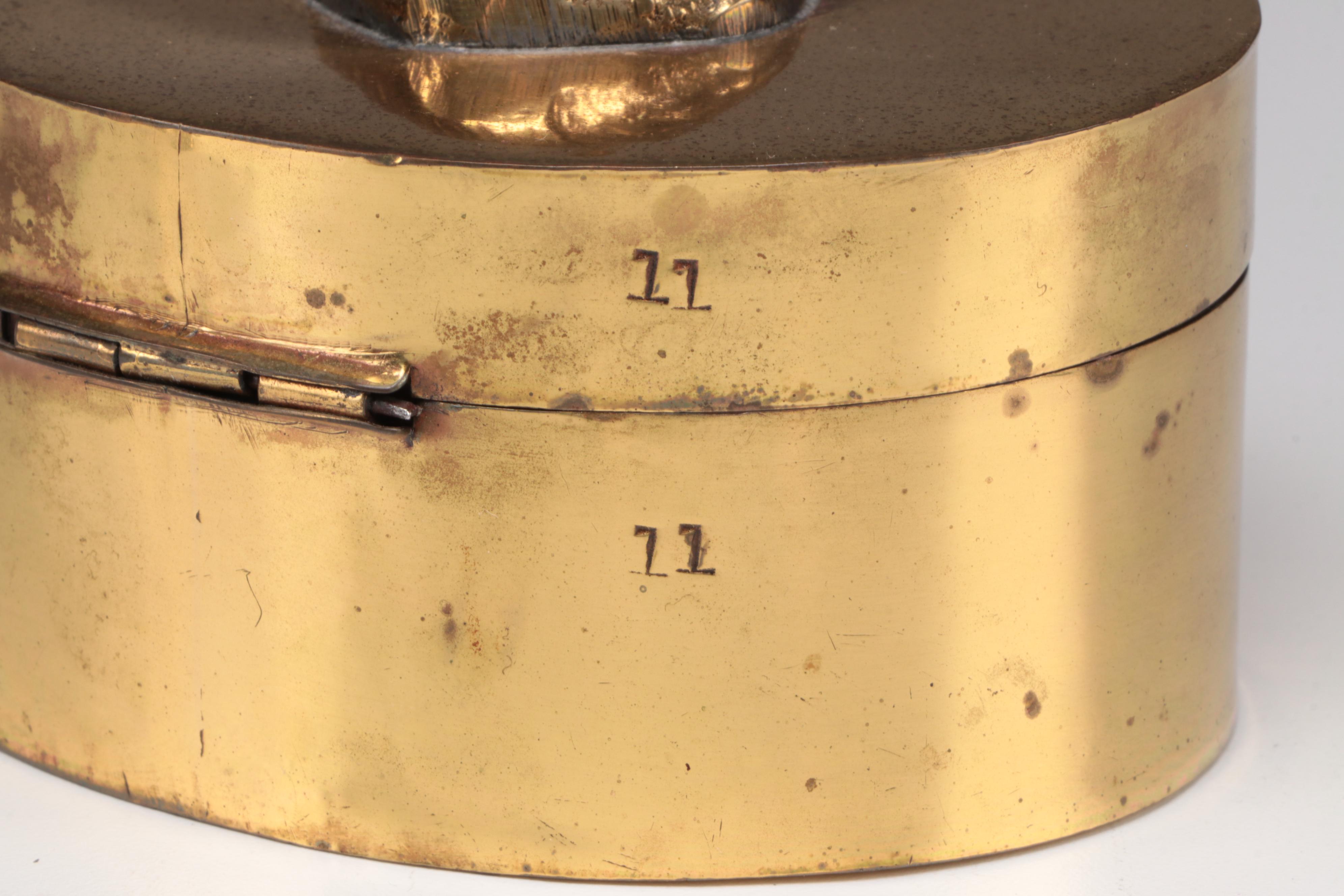 Brass and Glass Hurricane Candlestick with Footed Brass Bowl and Lidded Box