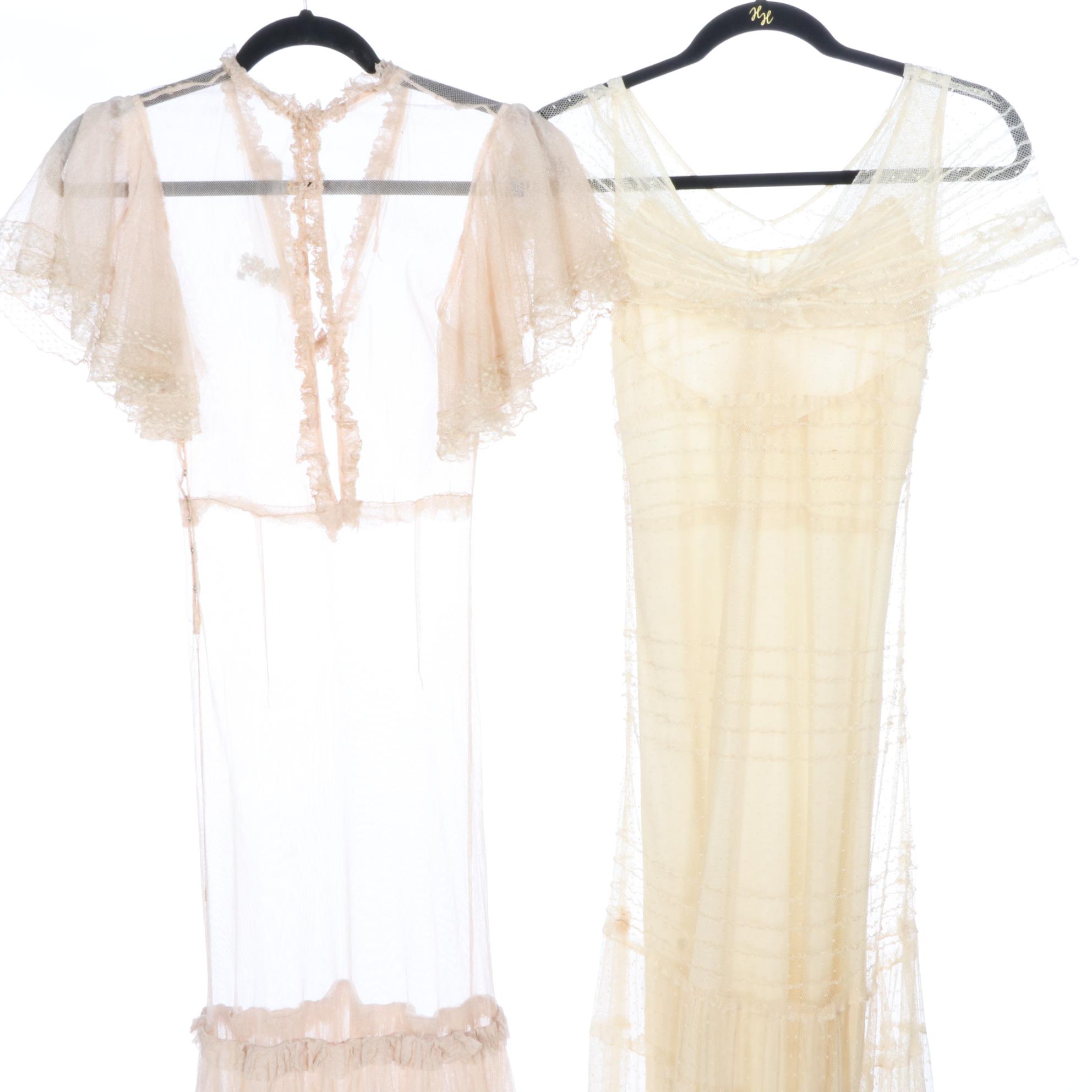 Fitted and Dropped Waist Sheer Lace Mesh Tiered Overdresses, circa 1930