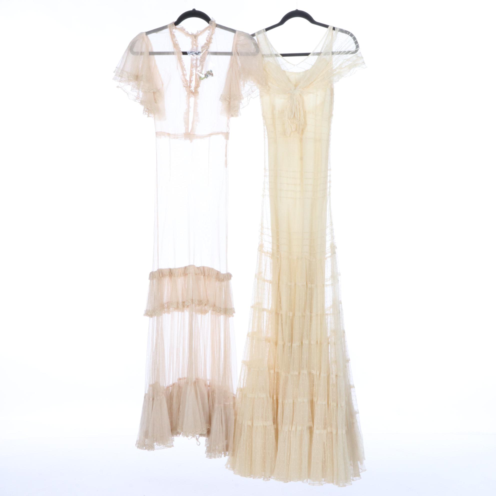 Fitted and Dropped Waist Sheer Lace Mesh Tiered Overdresses, circa 1930